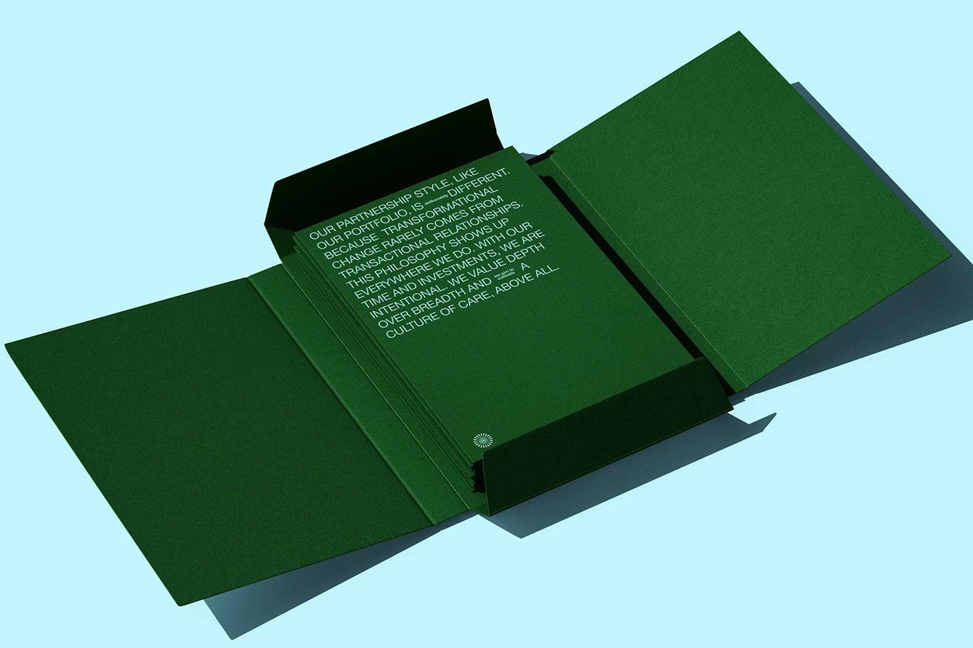Spero Ventures branding presentation folder with printed thesis text