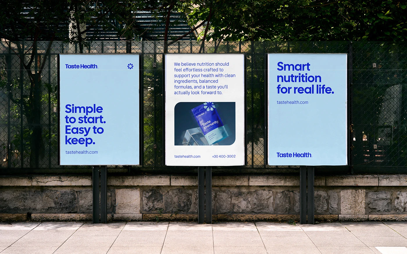 Taste Health branding outdoor poster display trio
