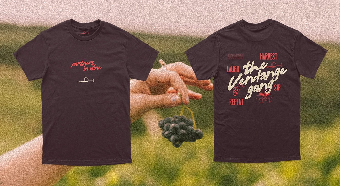 The Vendange Gang natural wine branding dark brown t-shirt front and back