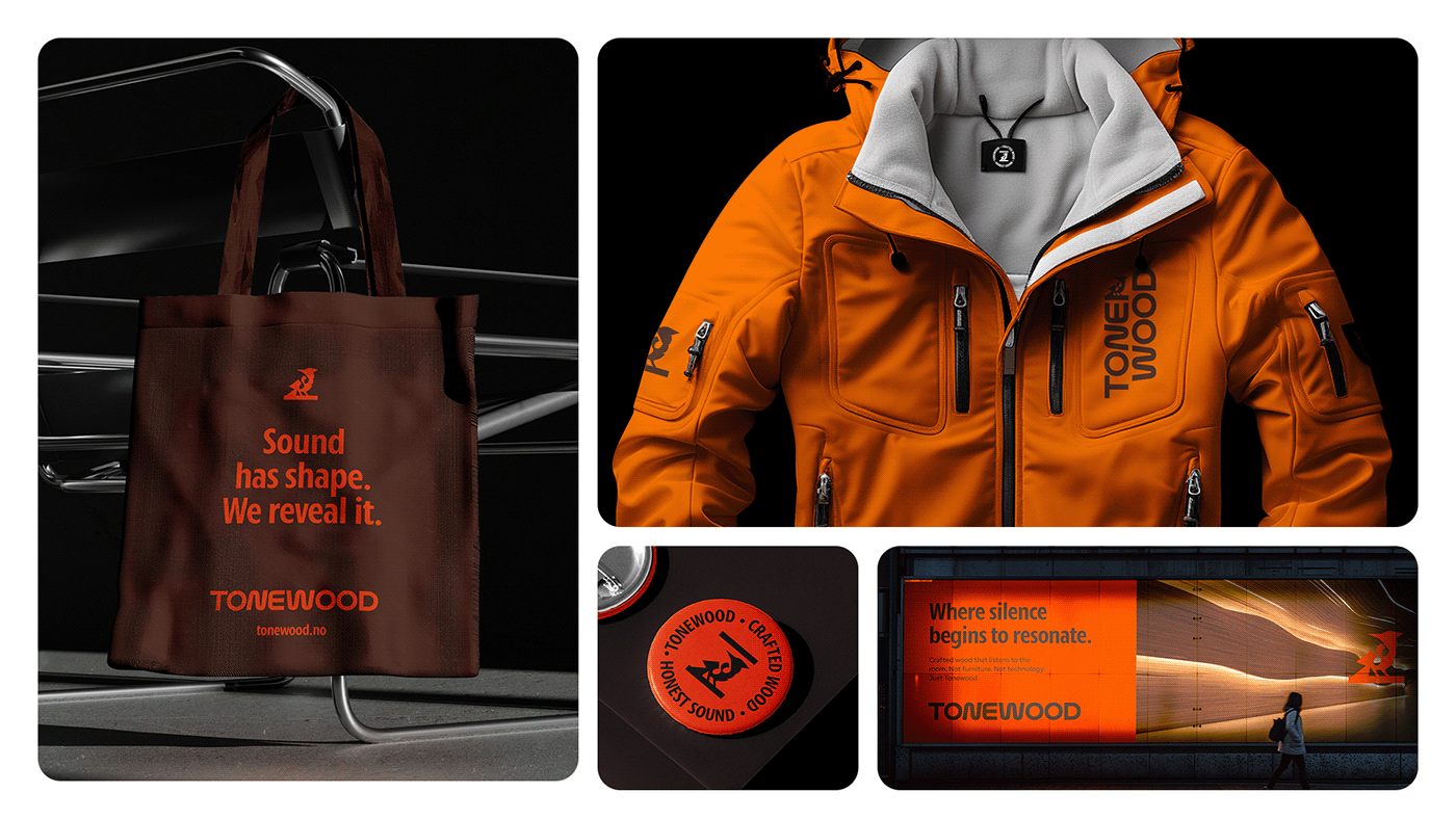 Tonewood branding tote bag and jacket apparel layout