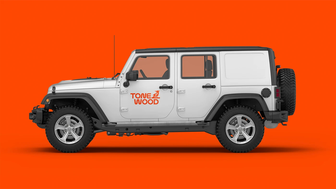 Tonewood branding vehicle livery on white jeep