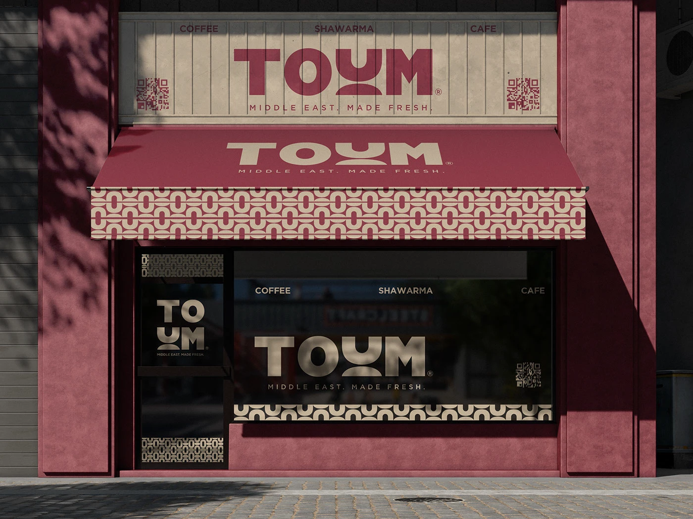 TOUM packaging design system showing logo and color palette