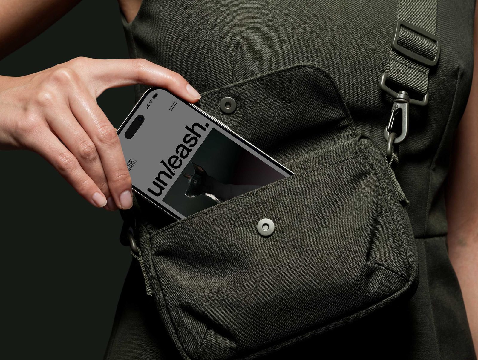 Unleash pet storytelling branding mobile web interface in canvas shoulder bag
