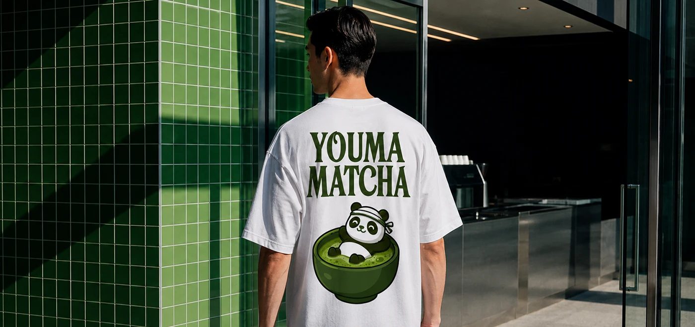 Youma Matcha branding t-shirt back print with panda mascot