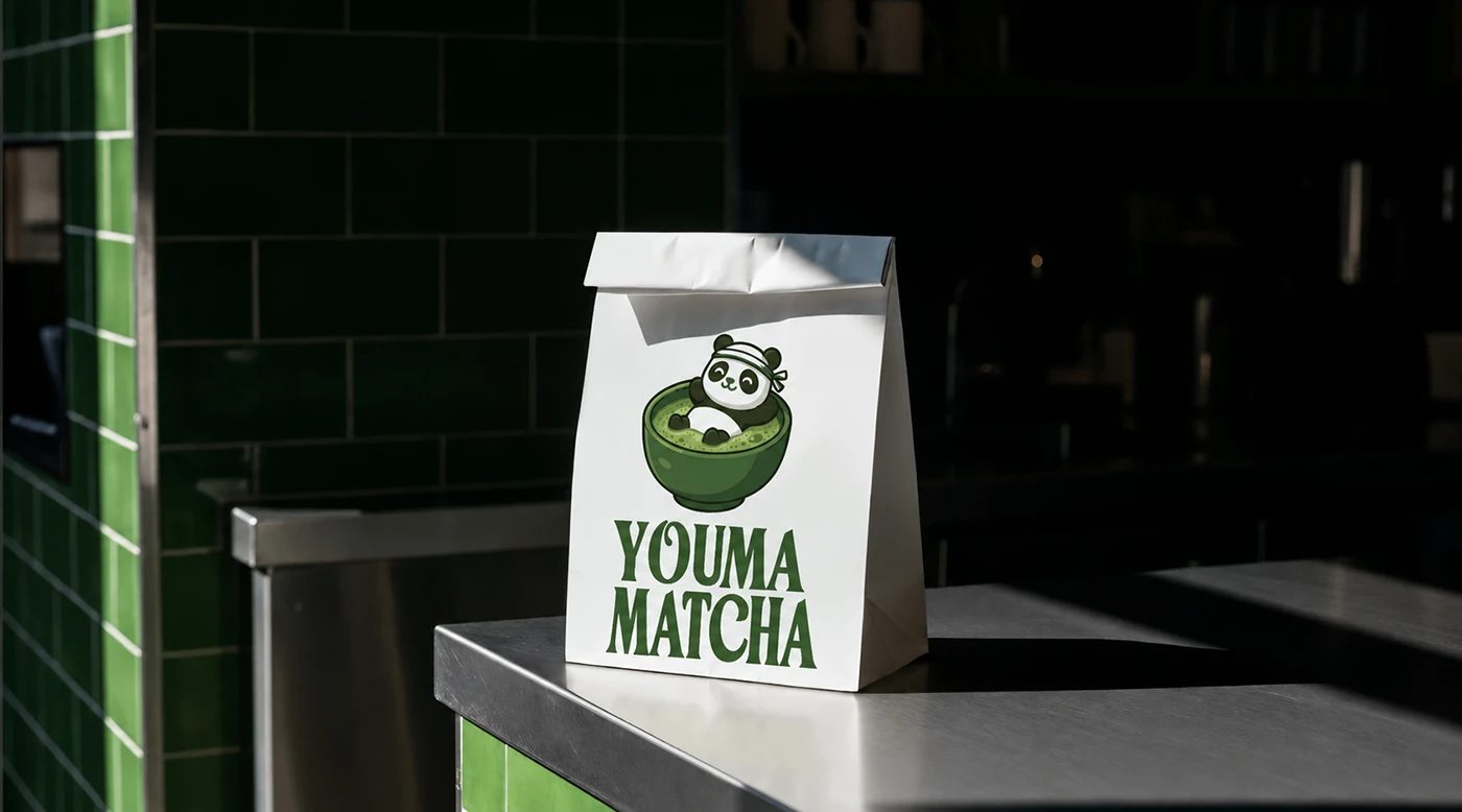 Youma Matcha branding paper takeaway bag on metal counter