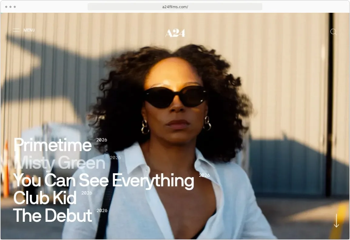 Web design inspiration: A24 homepage with large film titles over cinematic imagery