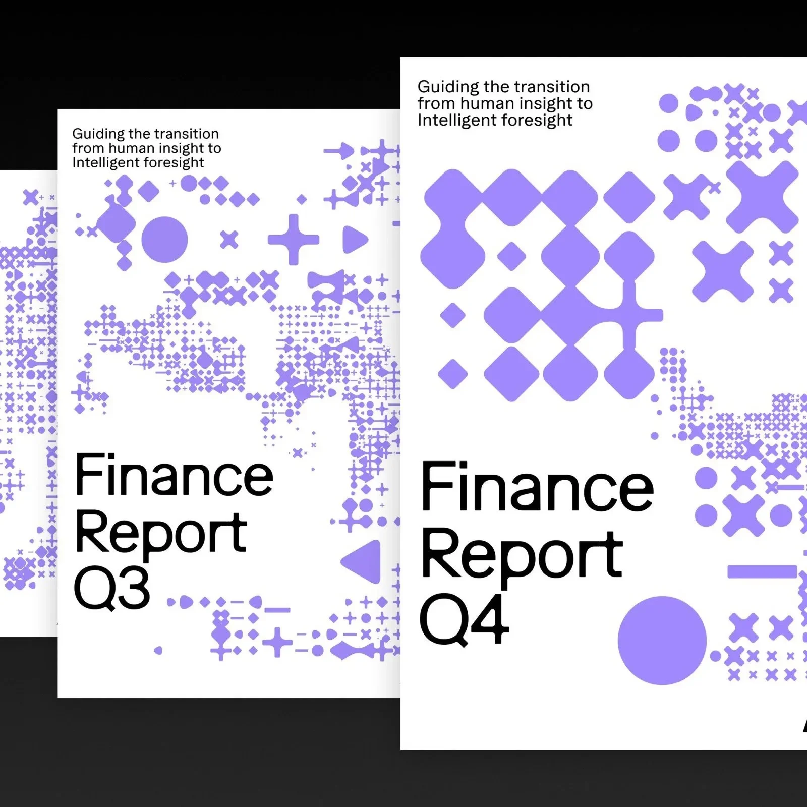 ADC living brand identity: finance report covers with violet generative patterns