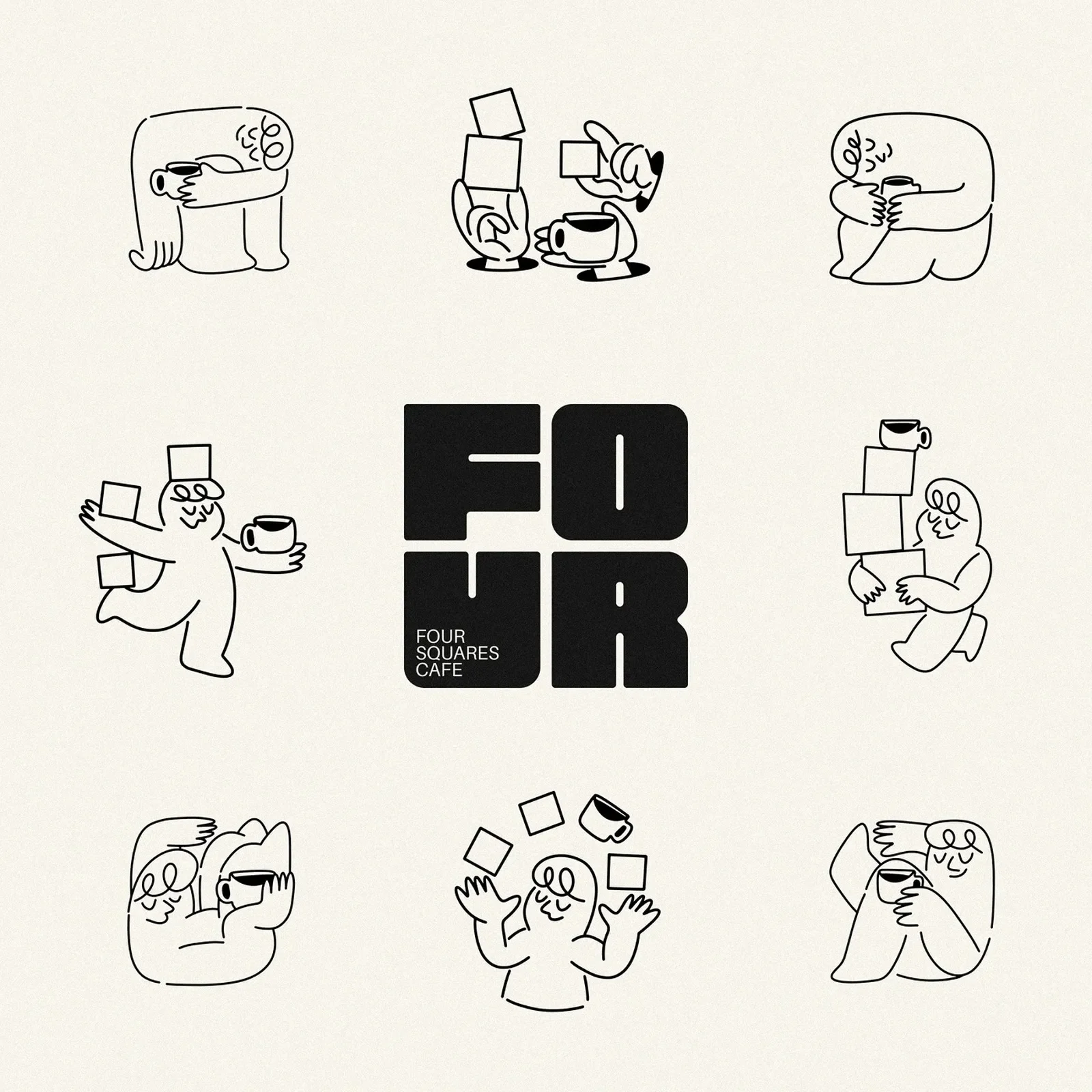 Four Squares Cafe brand identity system sheet: chunky four-square wordmark and blob mascot illustrations by Studio Moara