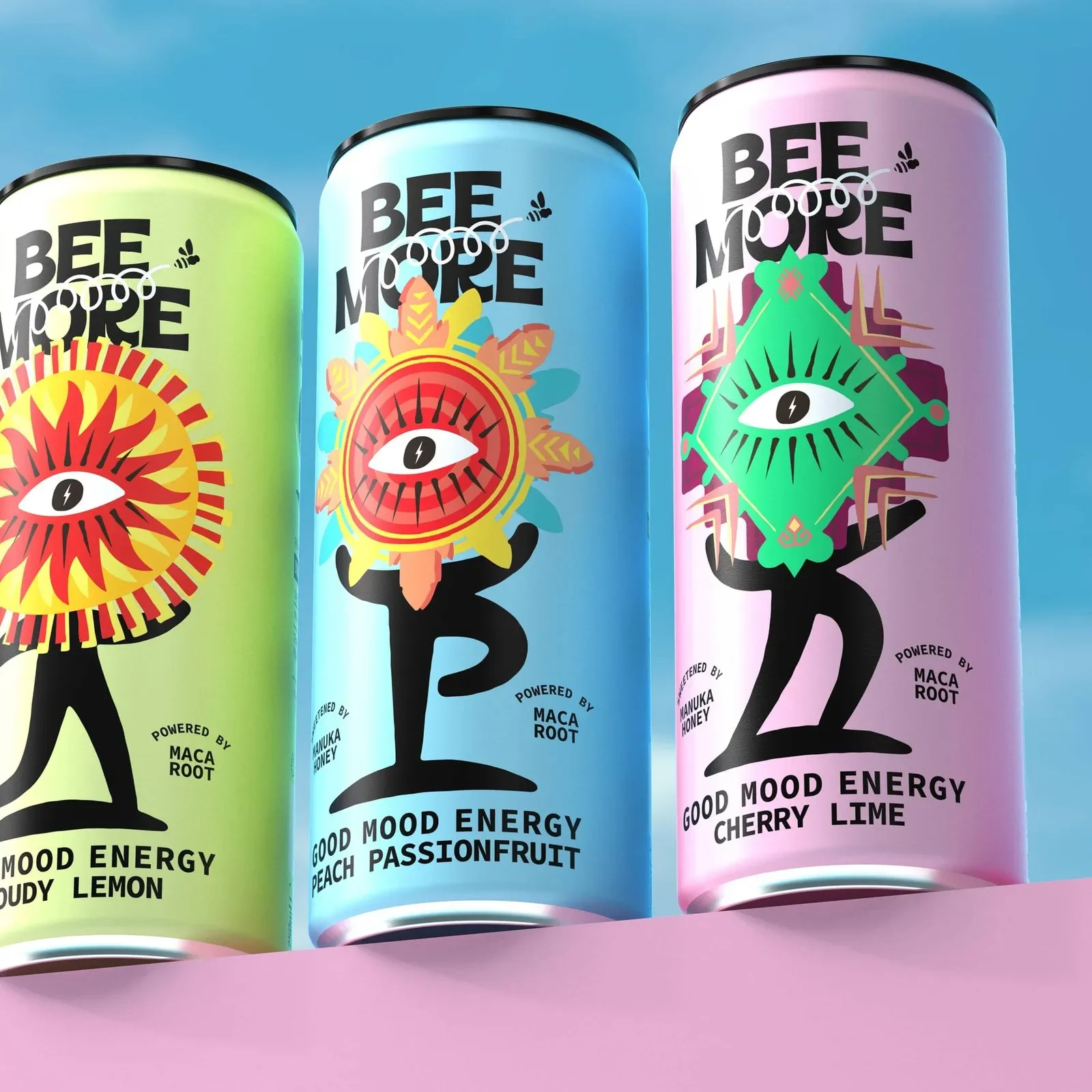 BeeMore wellness drink cans with totemic sun-and-eye art by Boundless