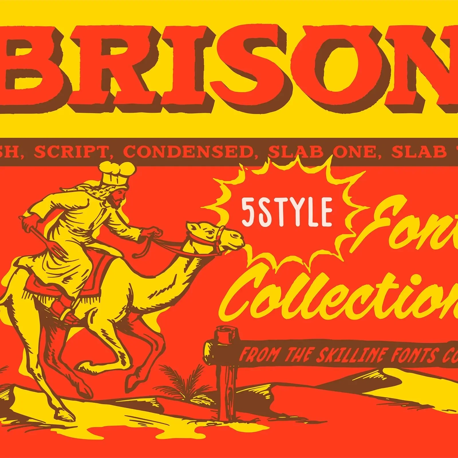 SFC Brison bold condensed display type on dark background showing western serif letterforms — retro western typeface