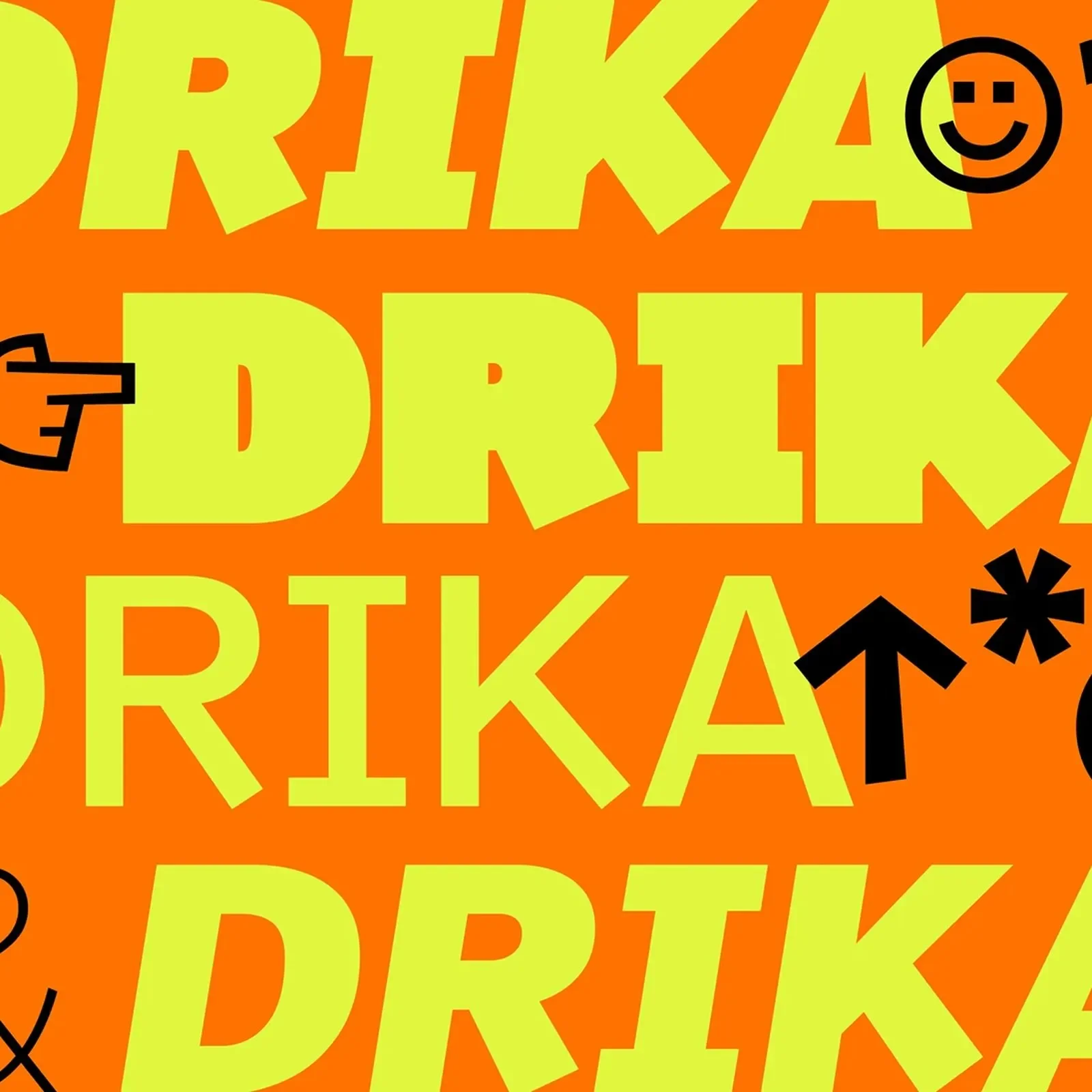 Drika typeface specimen showing bold overlapping letterforms in a dark editorial layout — Drika typeface