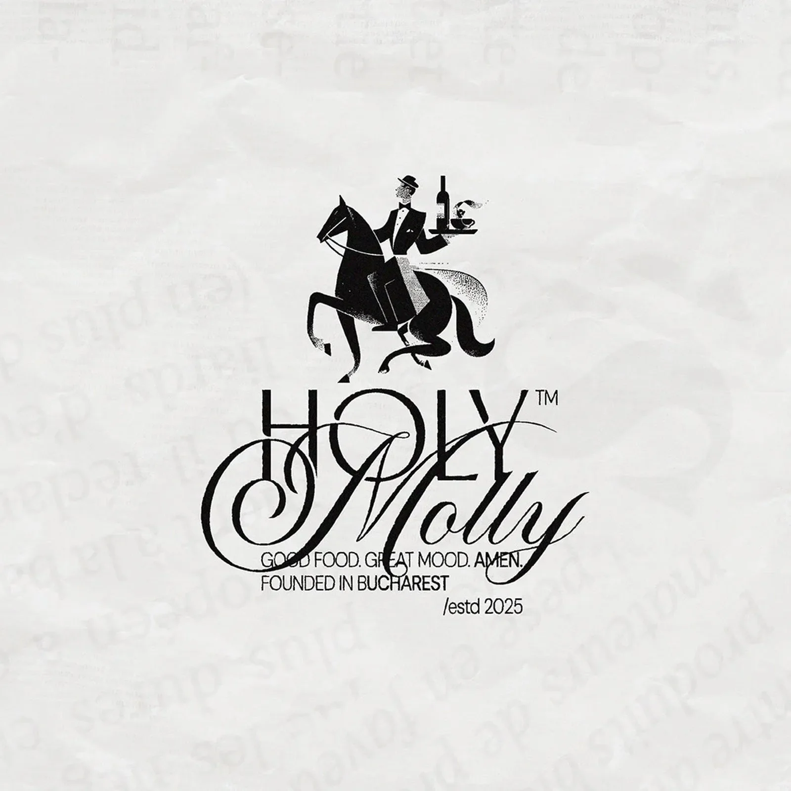 Holy Molly full logotype with horseback waiter mascot on crumpled cream paper — restaurant brand identity