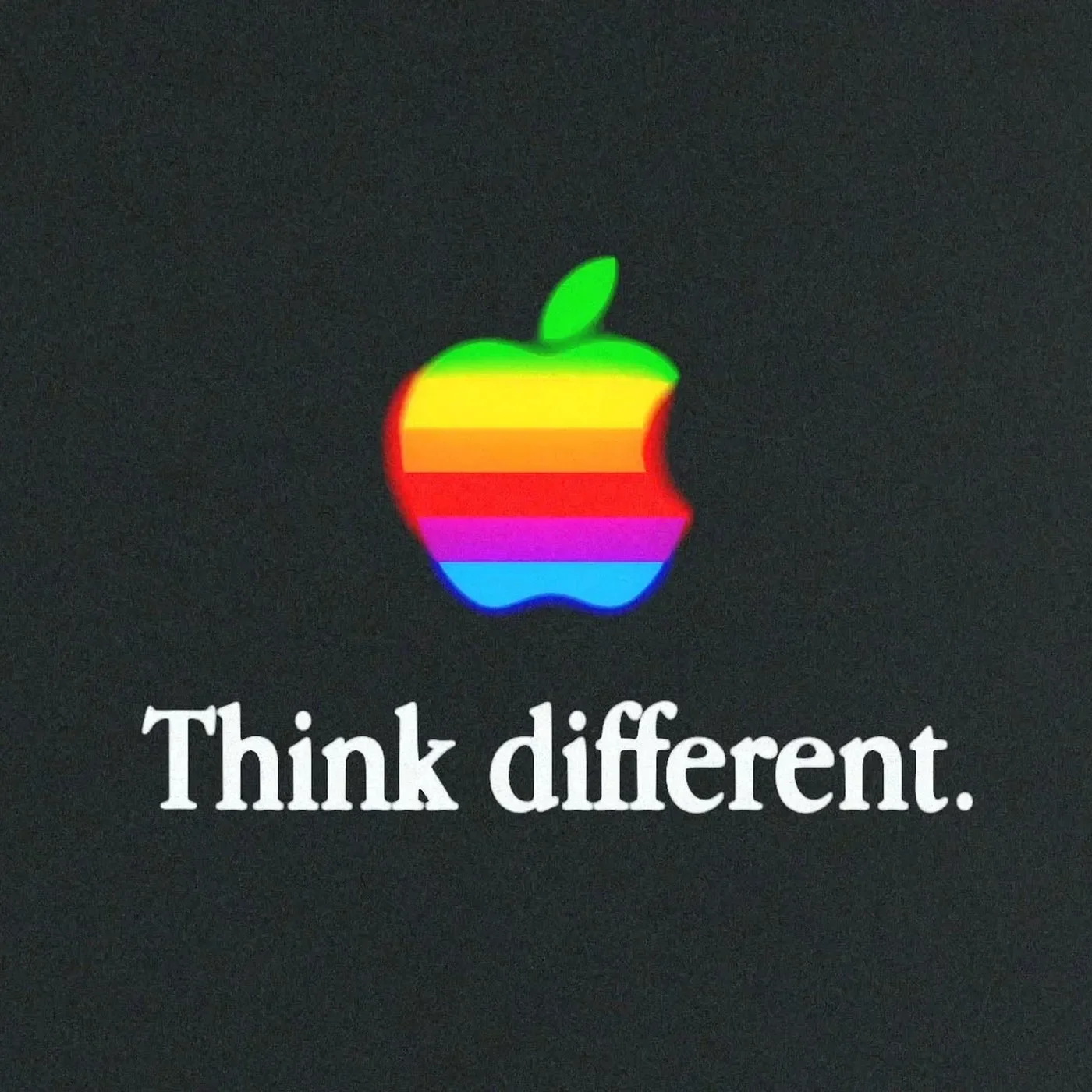 kinetic typography motion design Apple Think Different — dark charcoal grain composition with six-stripe Apple logo