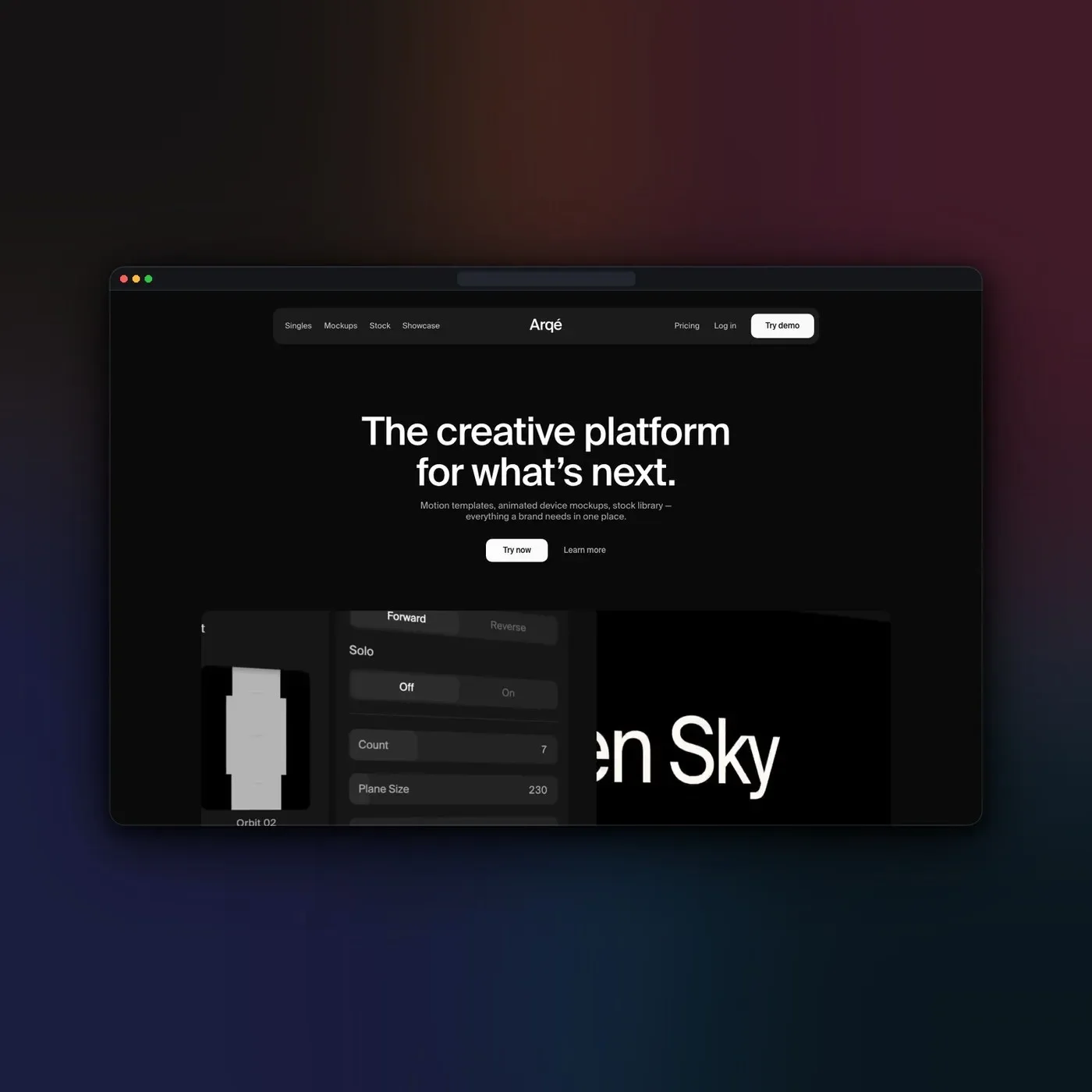 Arqé motion design platform landing interface overview