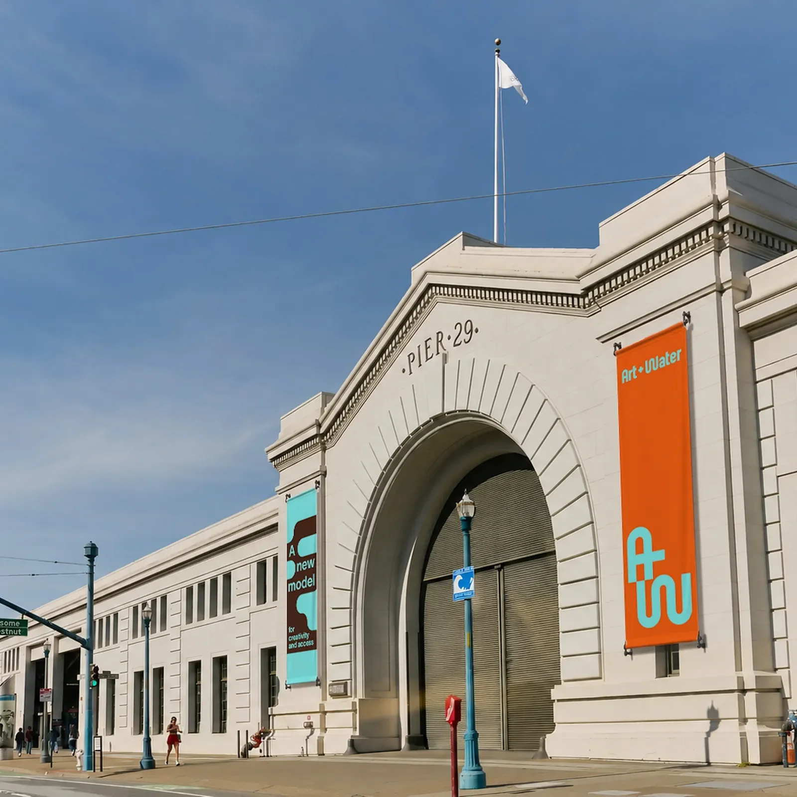 Art + Water brand identity design system Pier 29 architectural entrance and outdoor signage on San Francisco waterfront
