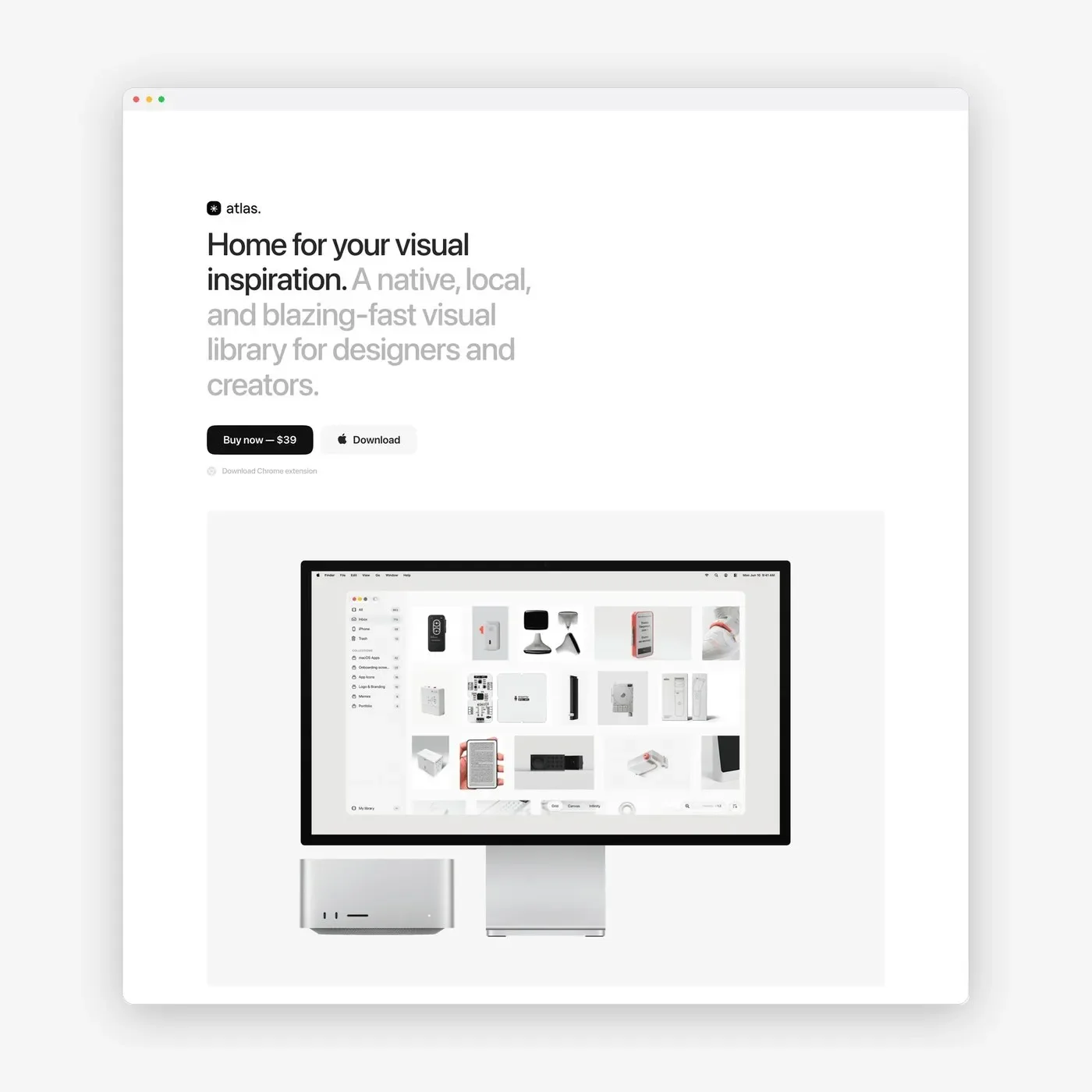 Atlas for Mac web design hero with grotesque typography and Apple Studio Display setup