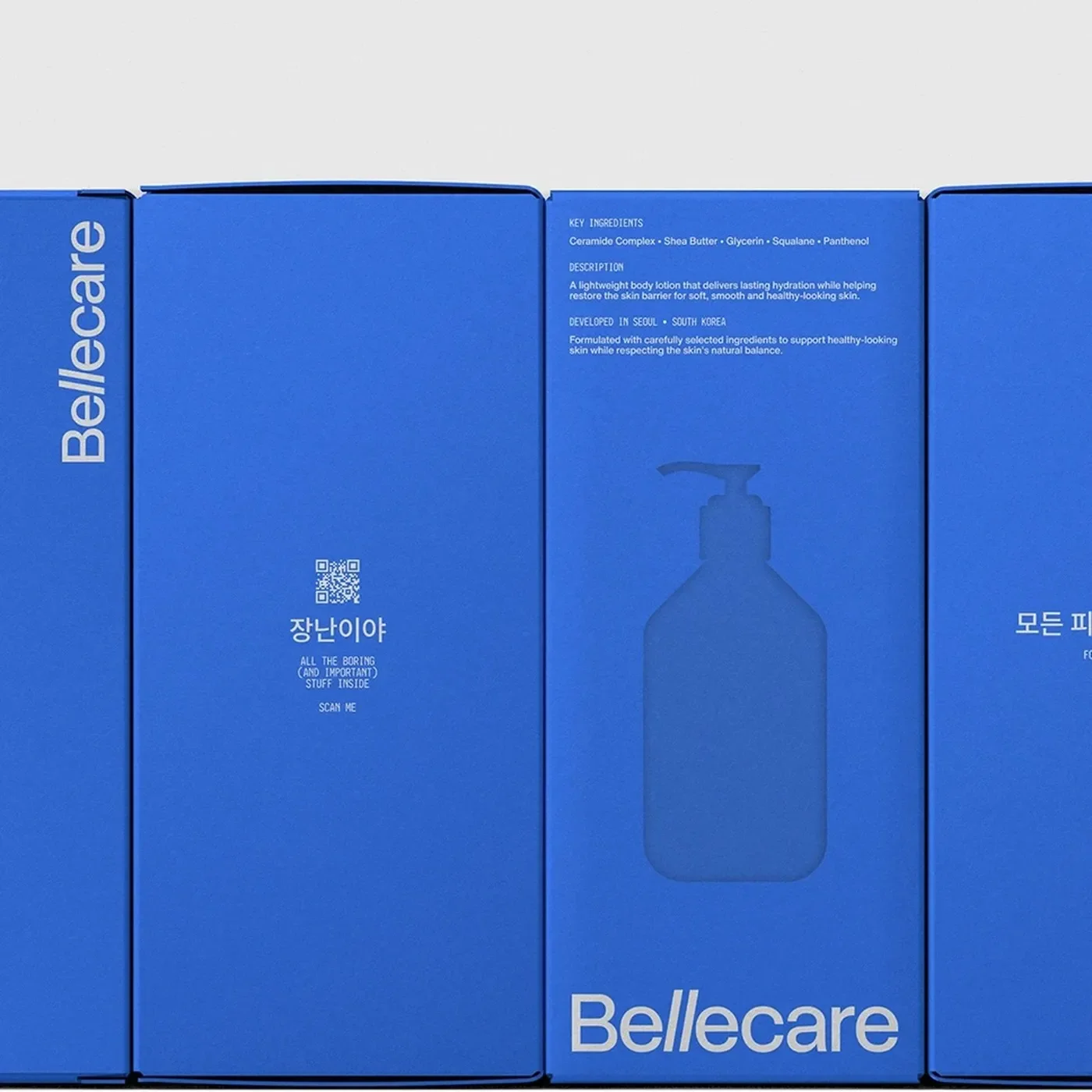 Bellecare brand identity master design system overview with logo wordmark, typography specimen, and packaging carton