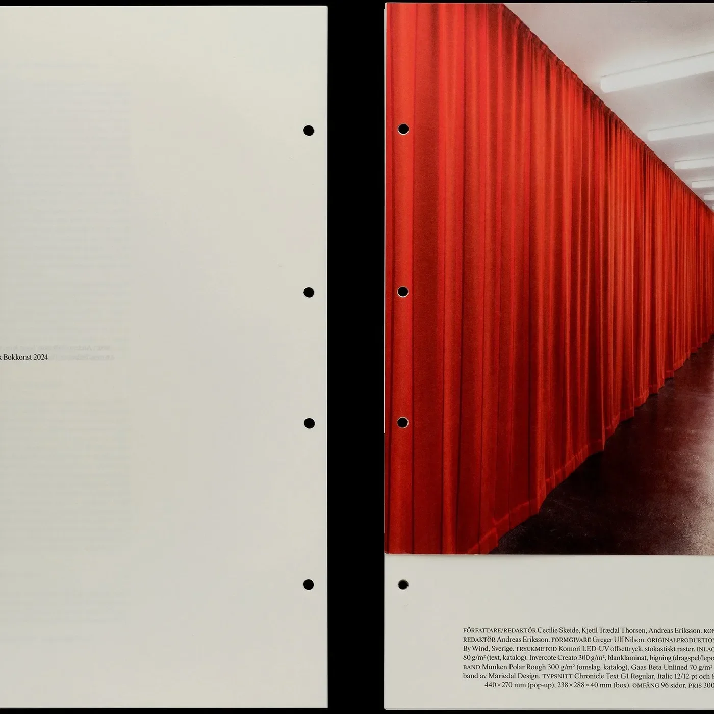Multiple copies of Svensk Bokkonst catalogue showcasing prong-fastener binding and variable covers in editorial design