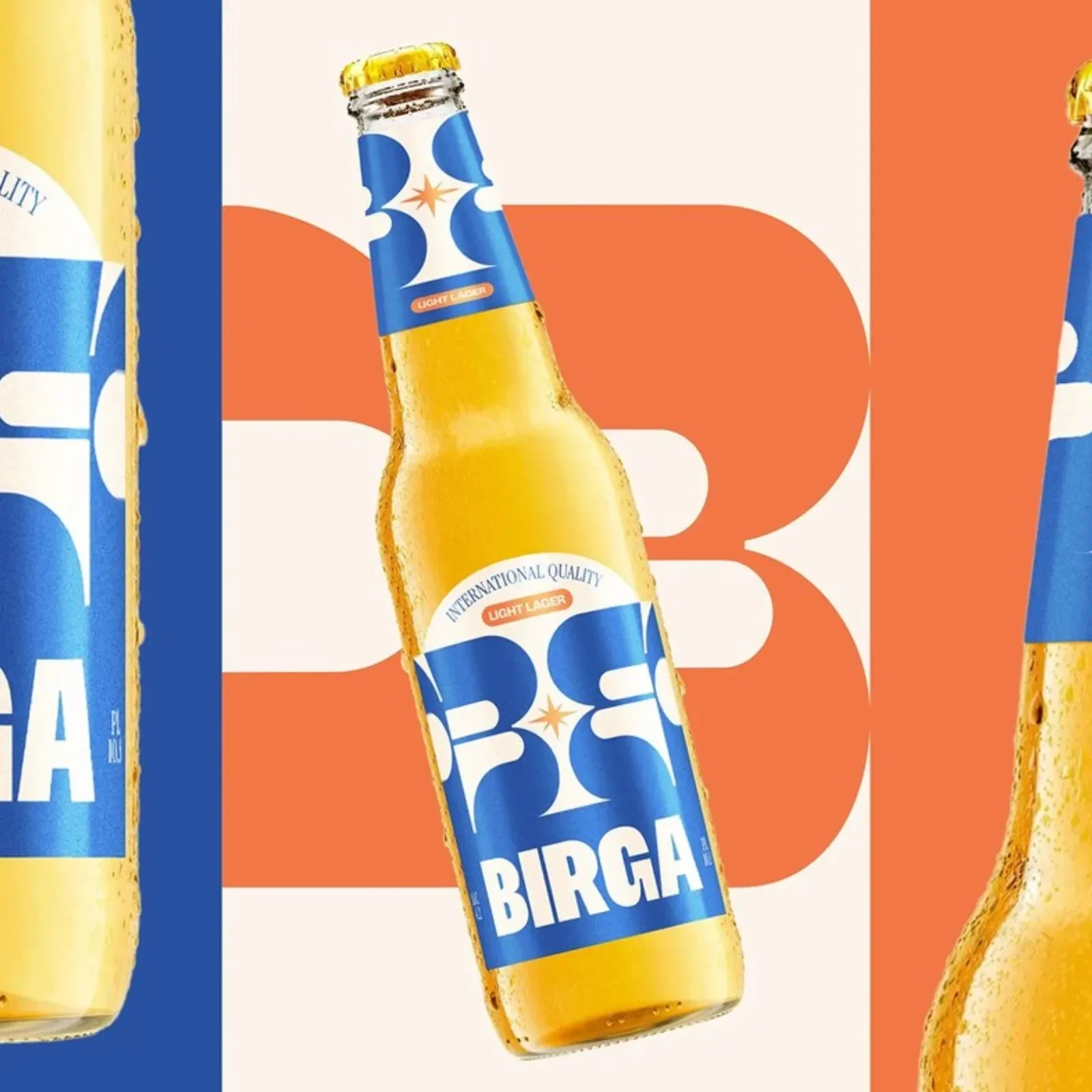 Birga beer packaging design bold typography cobalt blue intro spread