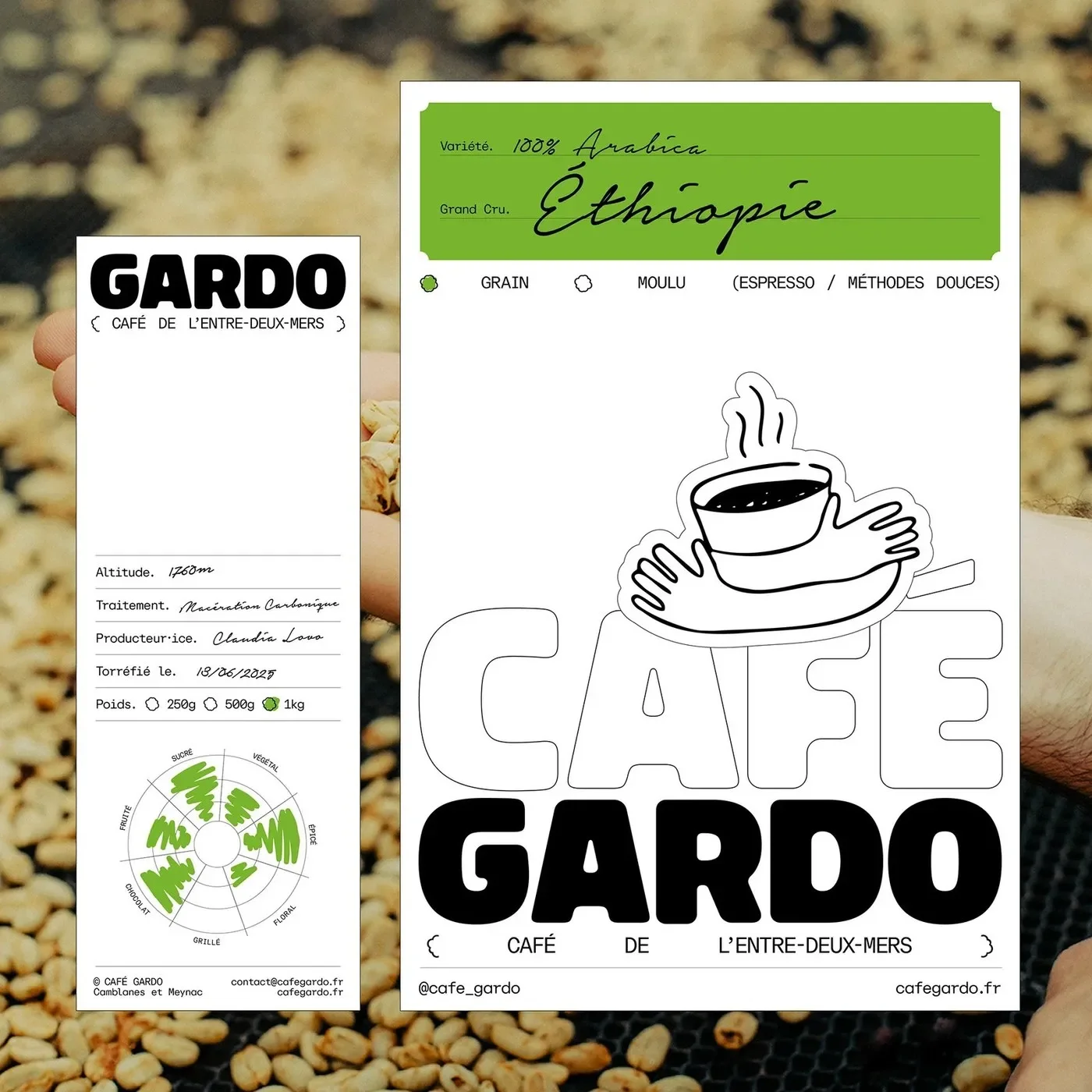 Café Gardo master brand design system overview, packaging label cards, logo and typography pairing by Florian Cornut