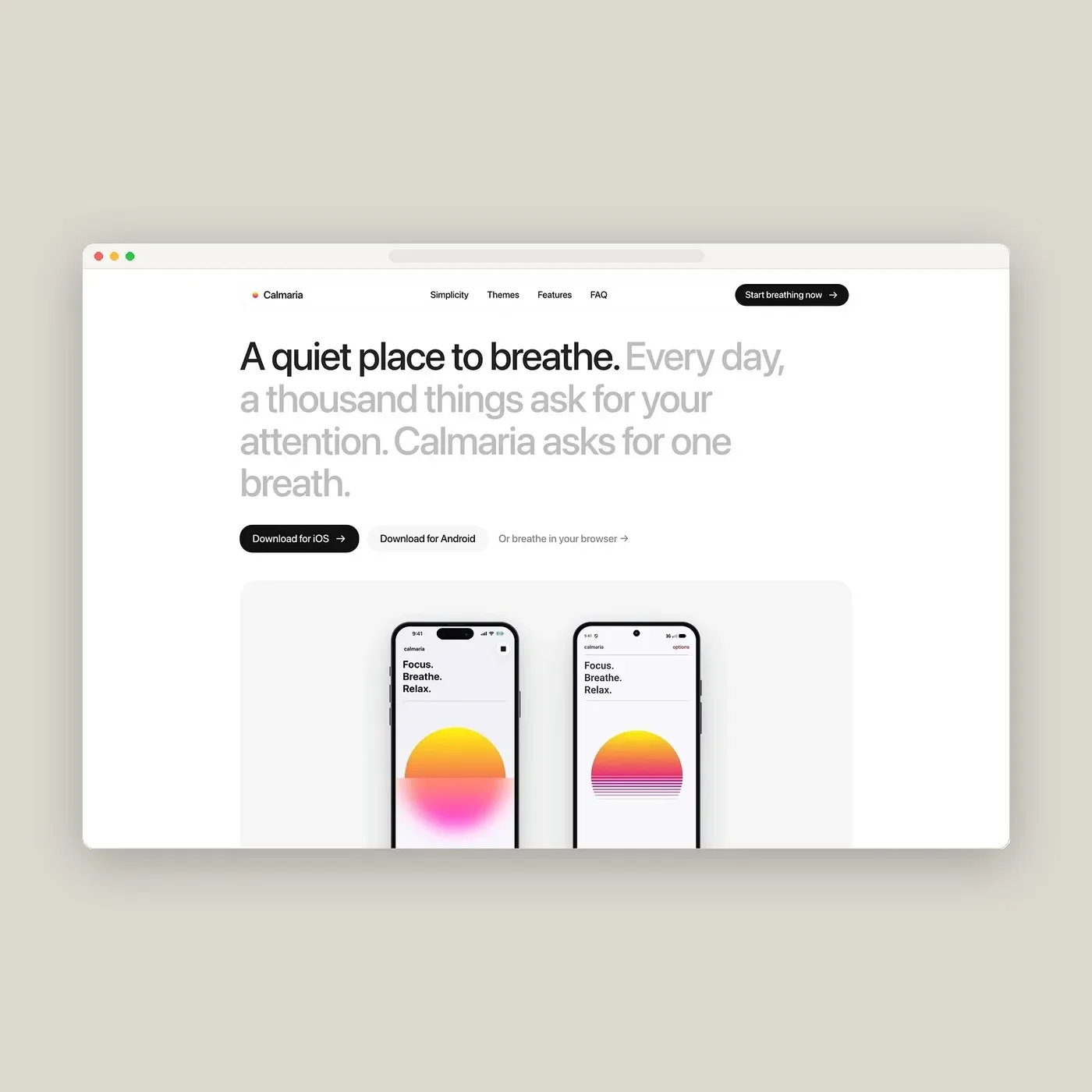 Calmaria website redesign hero viewport showing iPhone 16 Pro and Google Pixel 9 Pro side by side — web design by abdz.do
