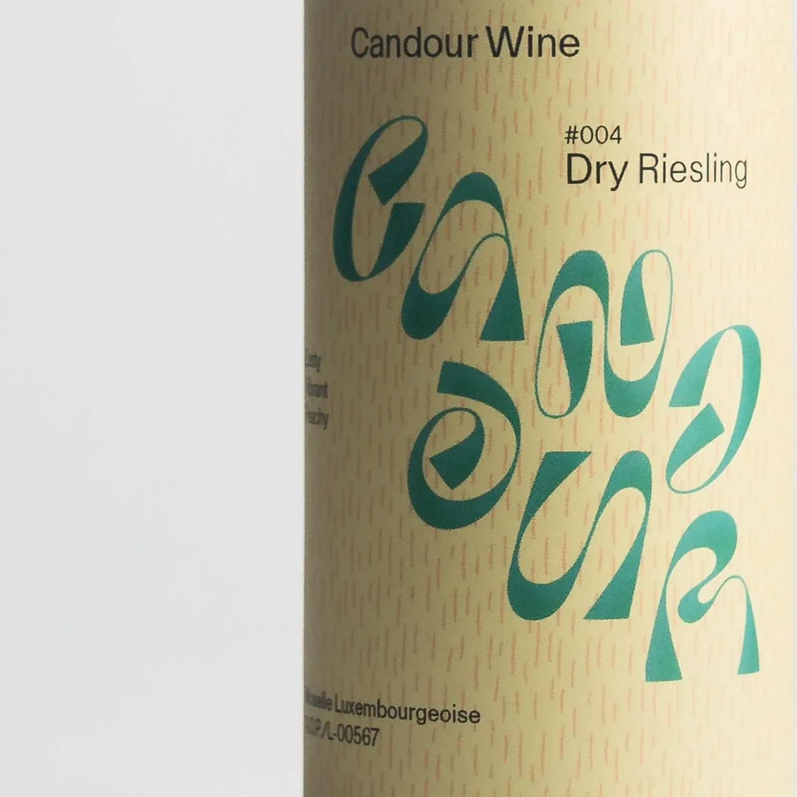 Candour Wine #004 Dry Riesling can packaging design with sharp-terminal green wordmark by Bedow