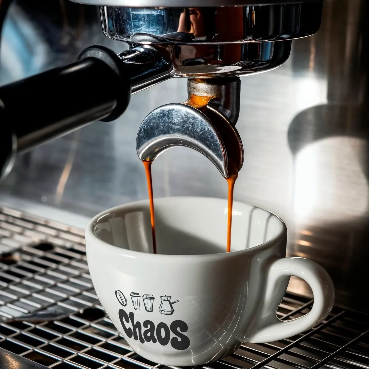 Macro shot of twin espresso streams pouring into white ceramic cup printed with the chubby Chaos wordmark and linocut icons