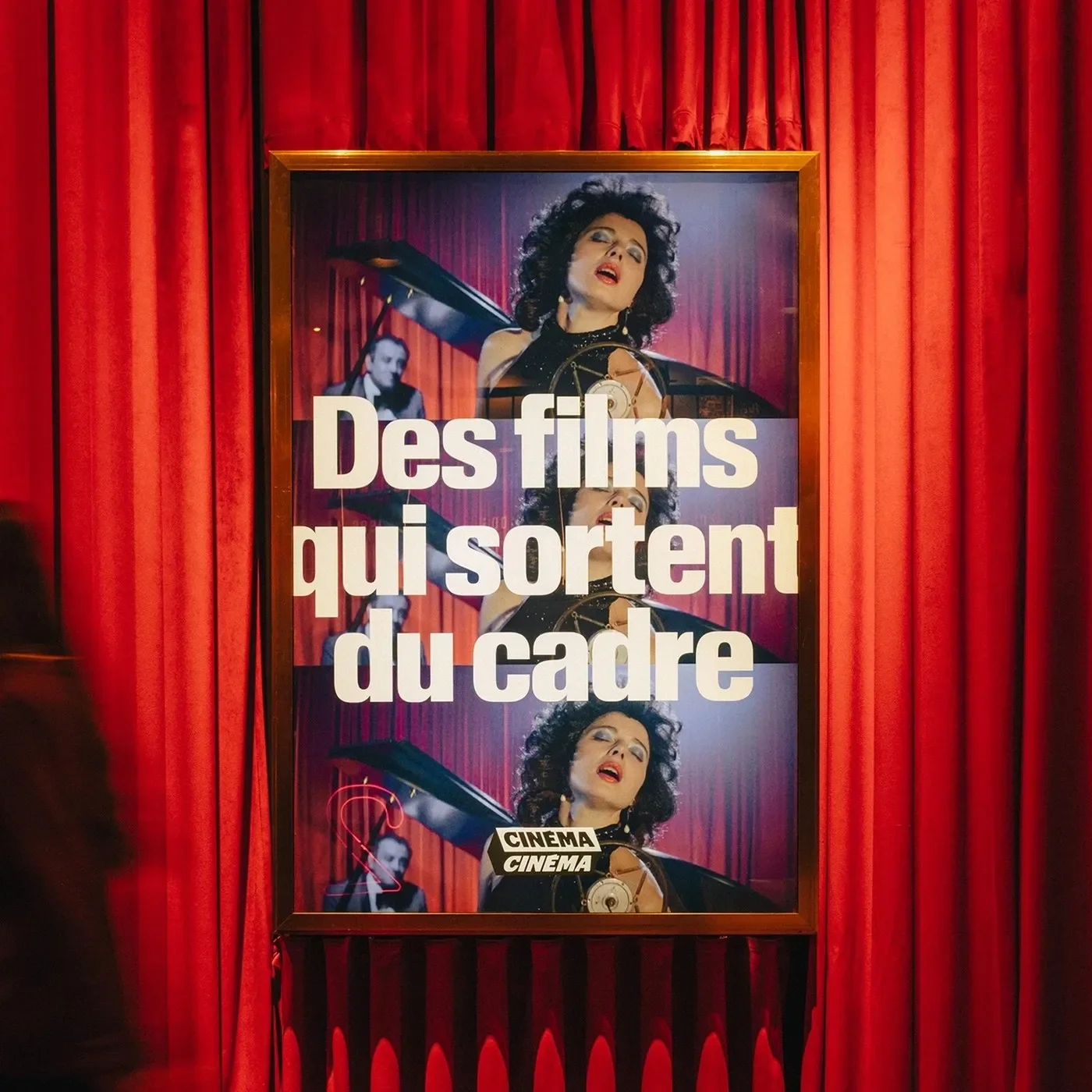 Master editorial design system and framed cinema poster lightbox on red velvet drapery for Cinéma Cinéma by Deux Huit Huit