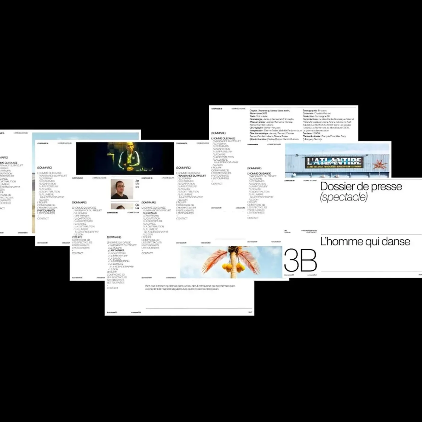 Compagnie 3B presskit spread with table of contents index beside La Fiesta nightclub photograph — editorial design by Florian Cornut
