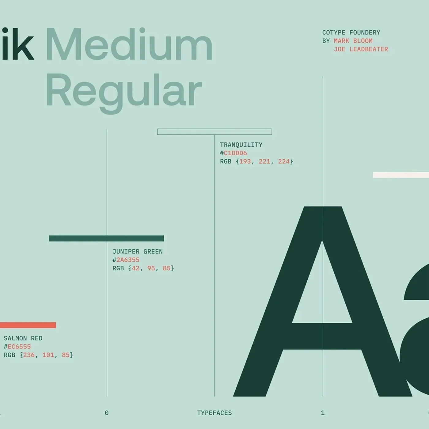Crezco ui/ux design typography specimen displaying Aeonik by CoType Foundry alongside brand color palette swatches by tubik studio