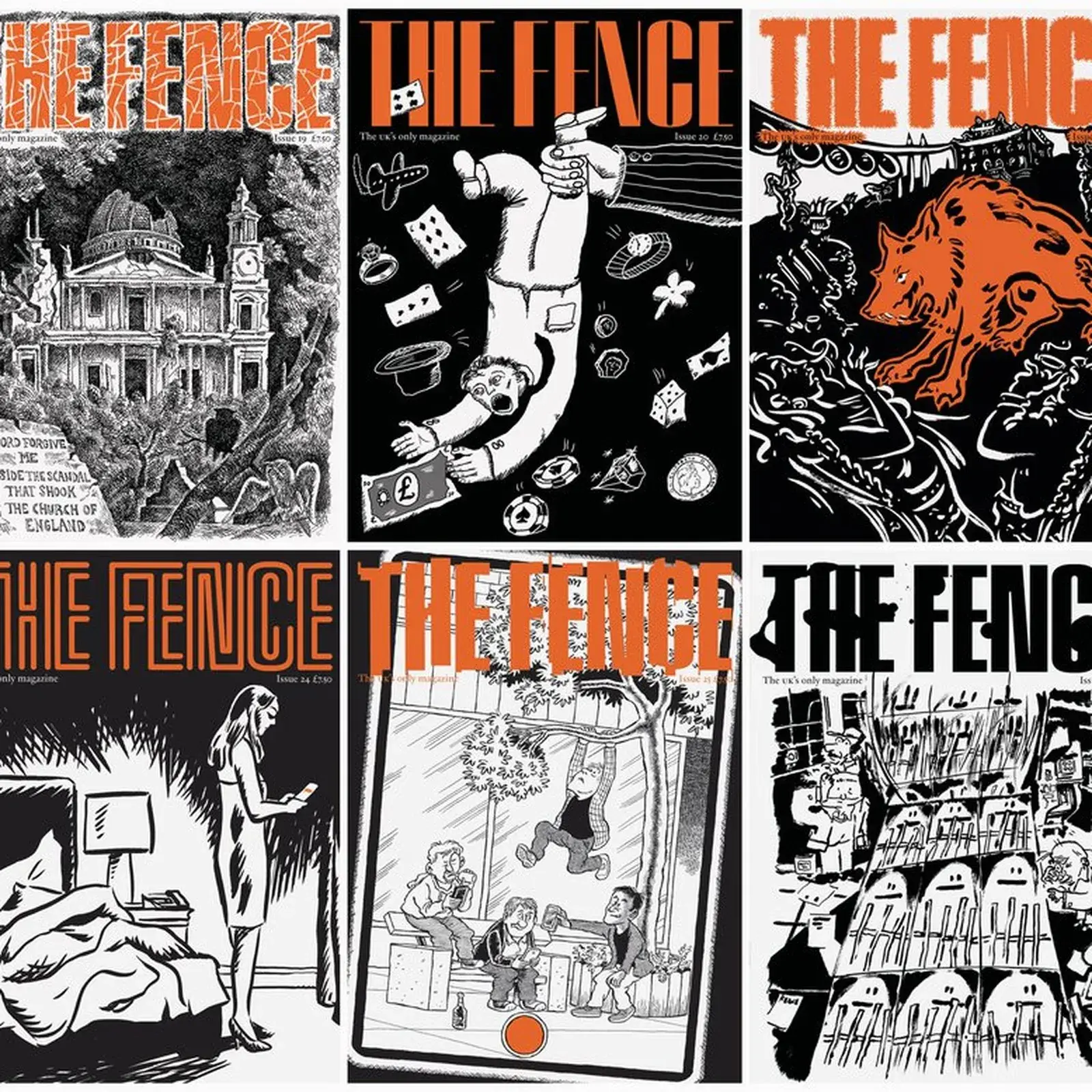 The Fence Magazine typography cover collection showing masthead variations