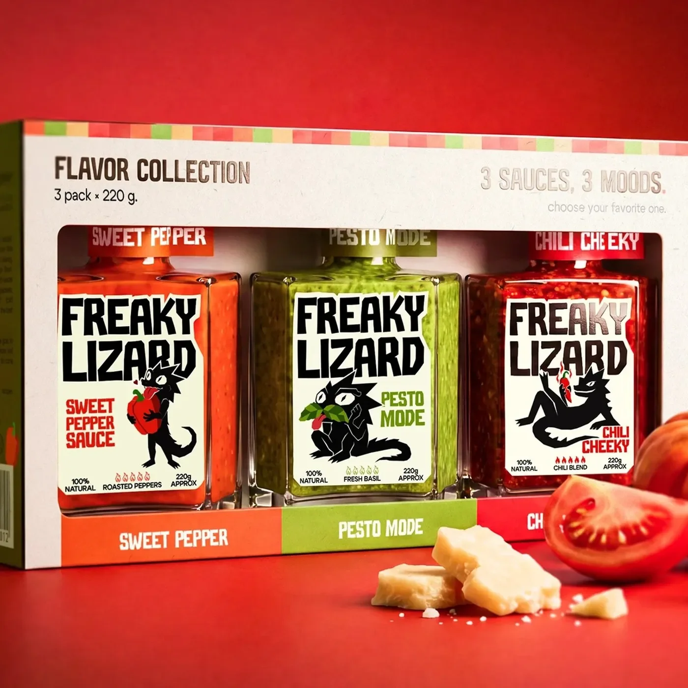 Green pesto bottle showing freaky lizard branding packaging yevheniia dutchak elements.