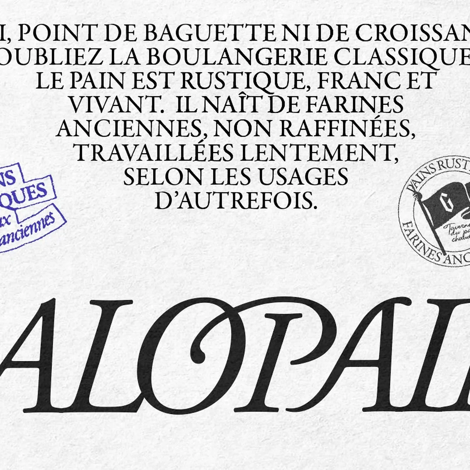 Galopain brand manifesto typography board with distressed blue, black, and red rubber stamp seals — branding by Charline GROEN