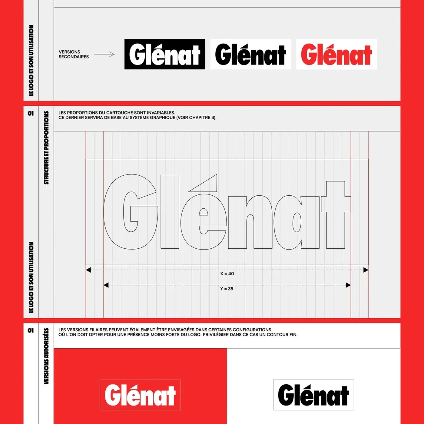 brand identity guidelines and typography construction grid for Glénat logo cartouche