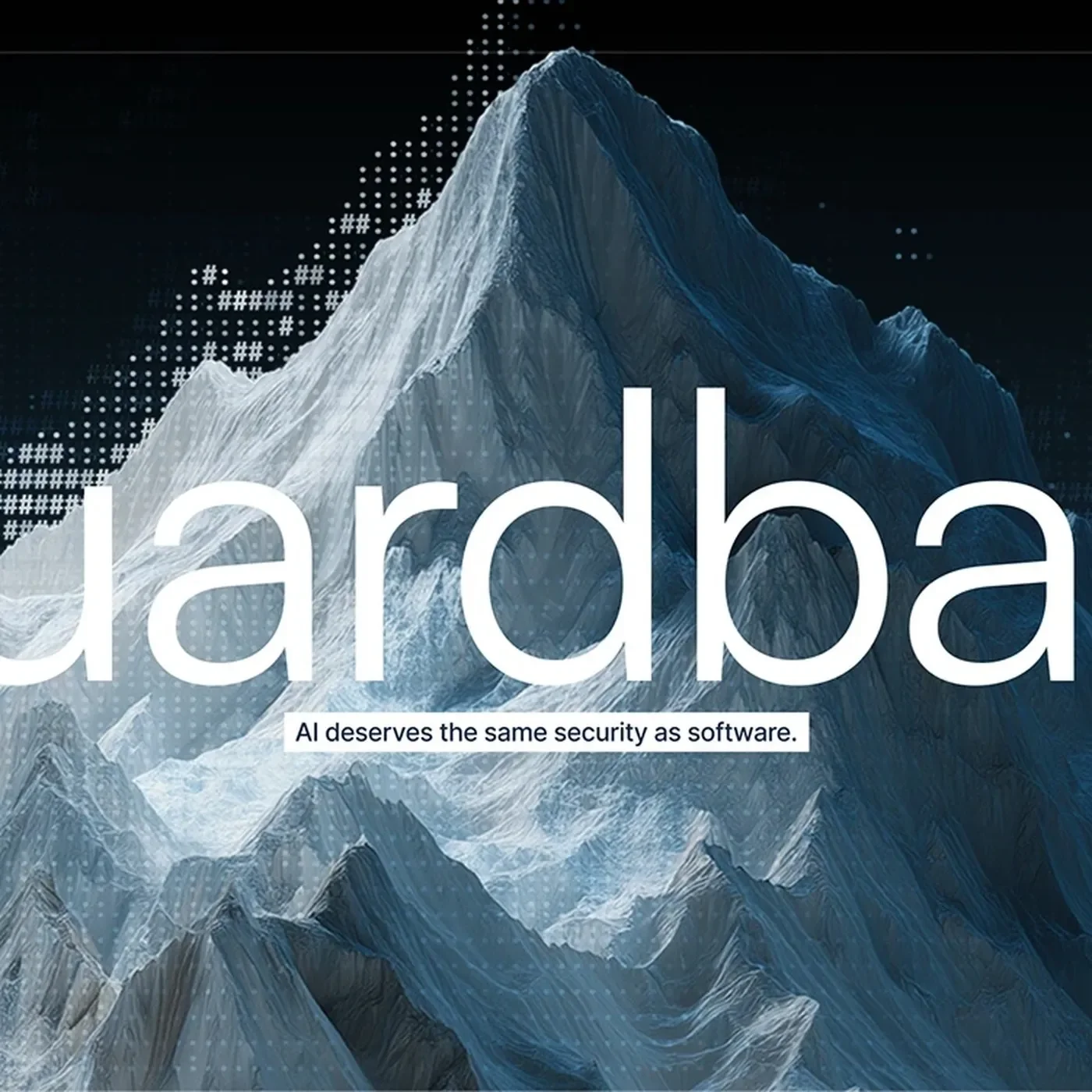 Guardbase AI security brand identity hero — glacier backdrop with dissolving dot-matrix hash overlay