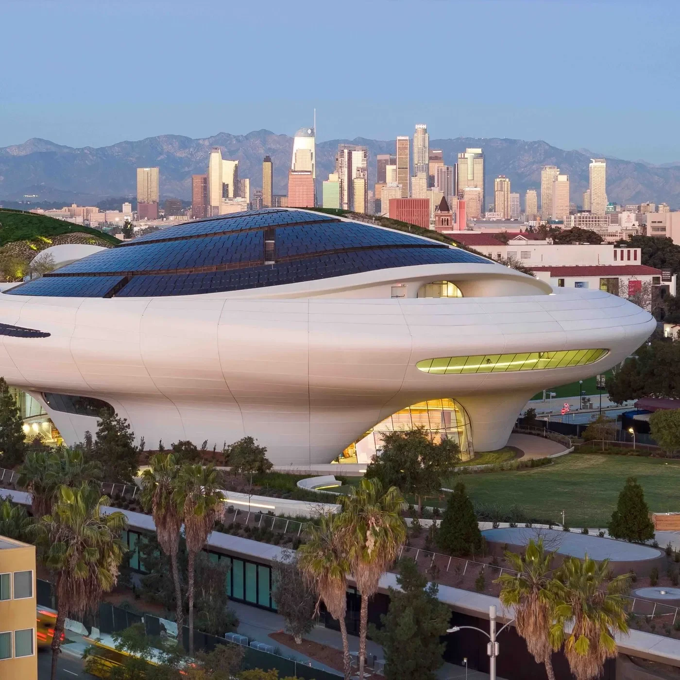 Sweeping exterior elevation of the Lucas Museum of Narrative Art by MAD Architects in Exposition Park
