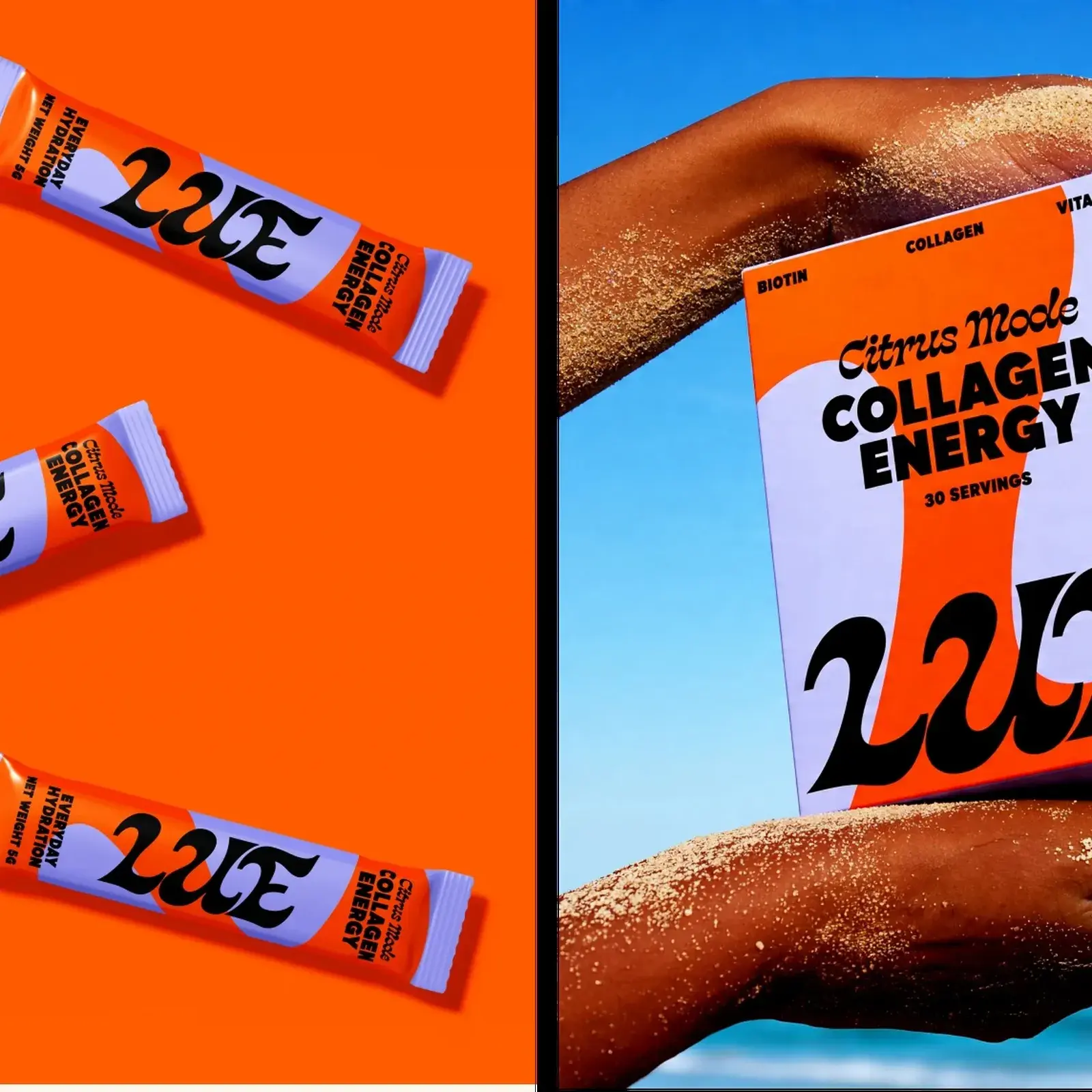 LUE collagen supplement packaging design showing warm coral color fields and clean sans-serif type on supplement container
