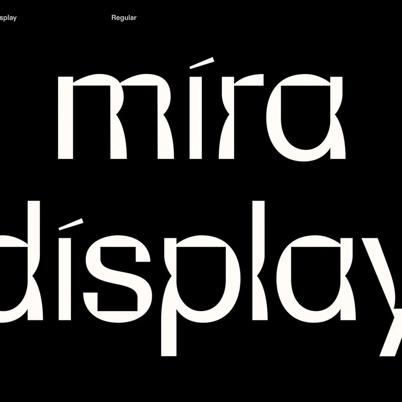 Typography design specimen sheet displaying character set and optical cuts for Mira Display