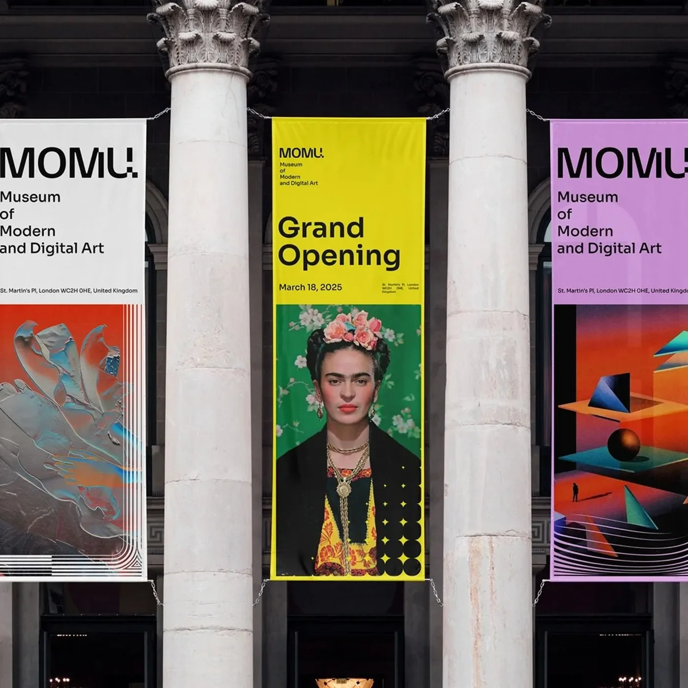 Physical banner applications showcasing the museum brand identity design.