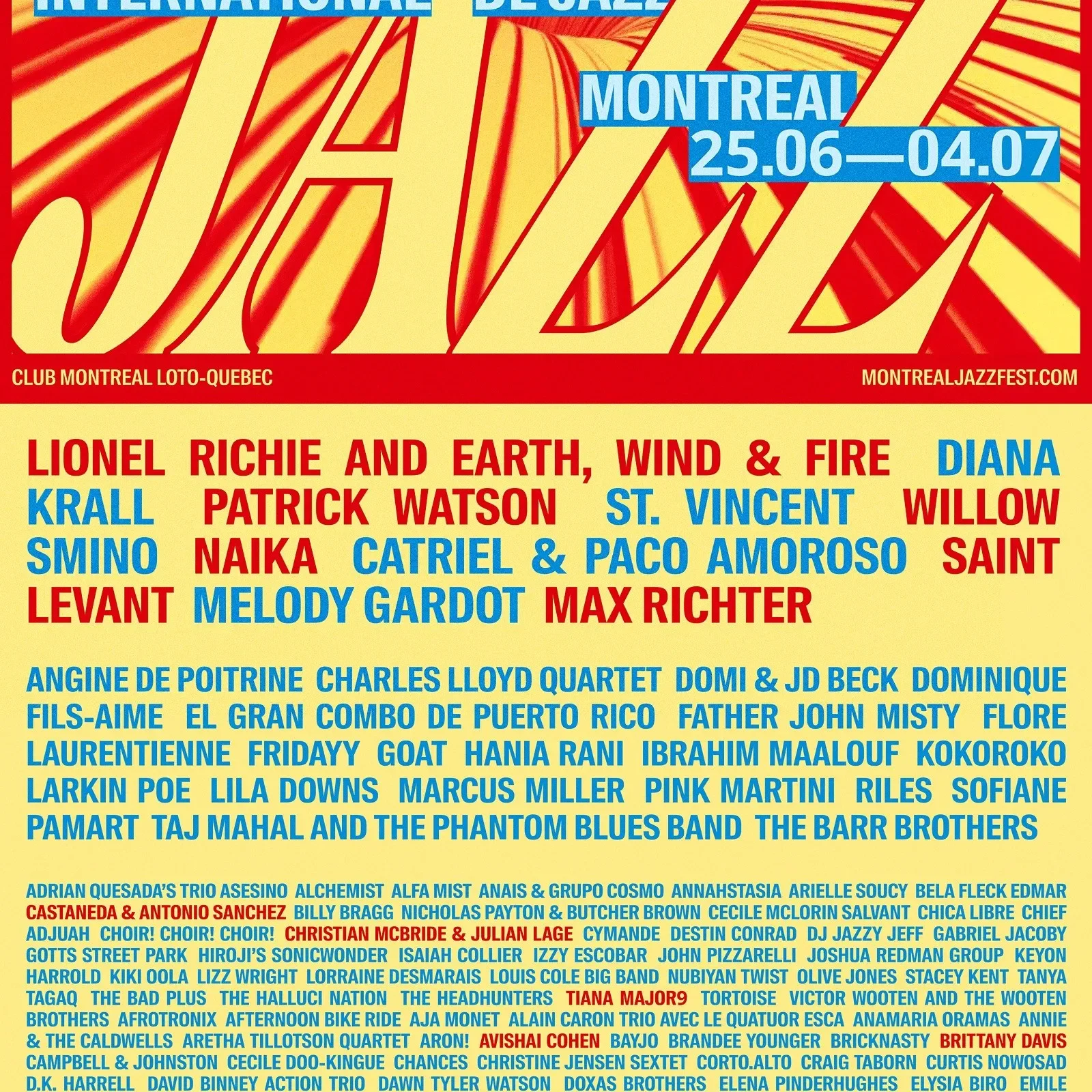 Full lineup poster typography in Montreal Jazz Festival visual identity