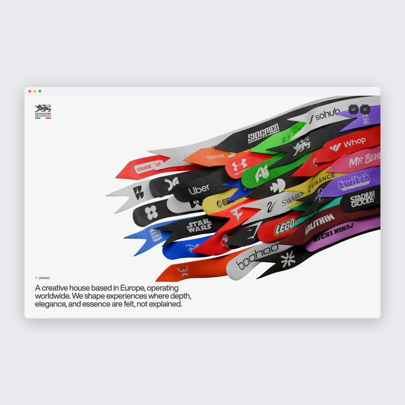 Interactive WebGL ribbon simulation and minimalist atelier header in Pensatori Irrazionali web design