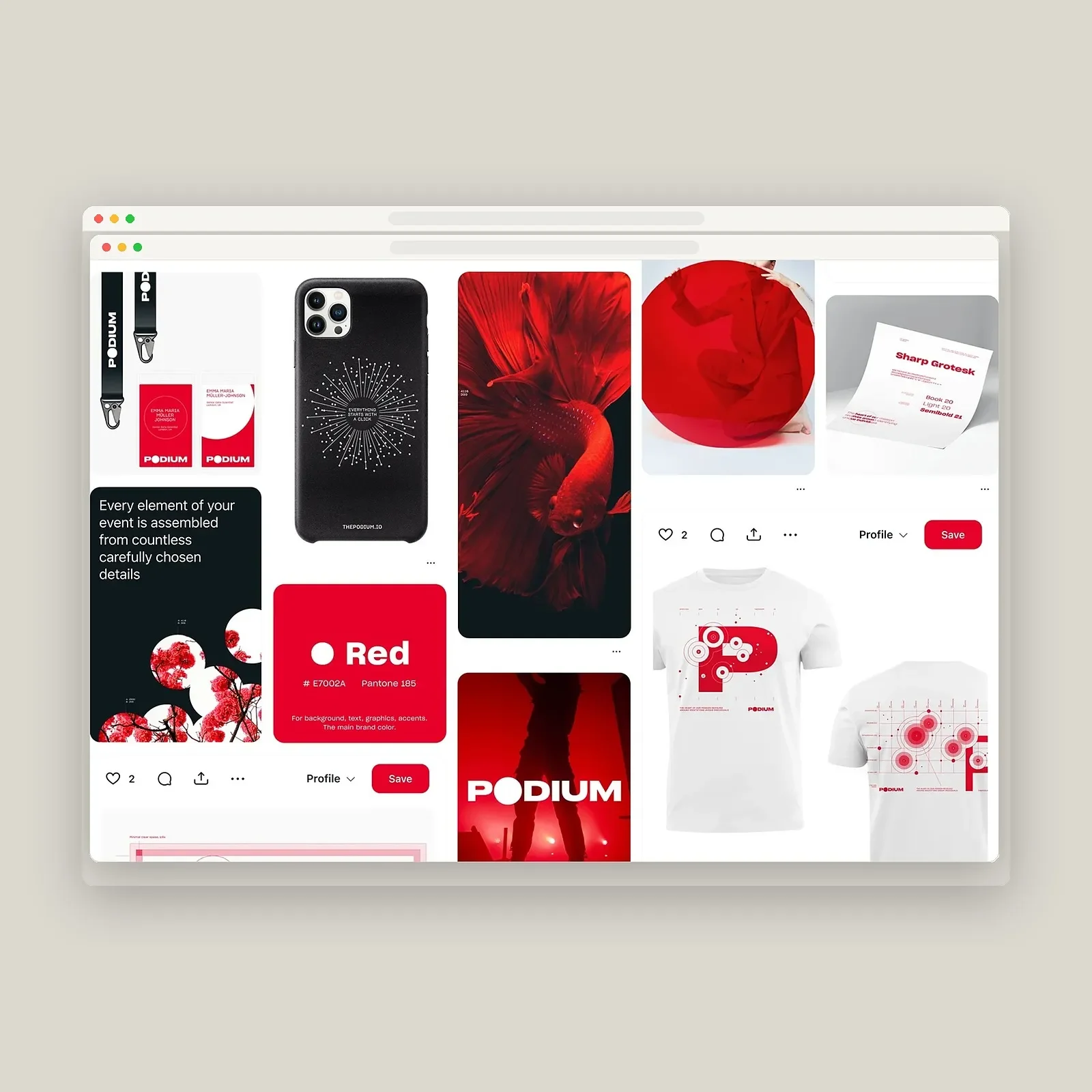 Podium brand identity guidelines showing Pantone 185 red swatch, Sharp Grotesk typography specimen, lanyards, and radial P monogram t-shirts