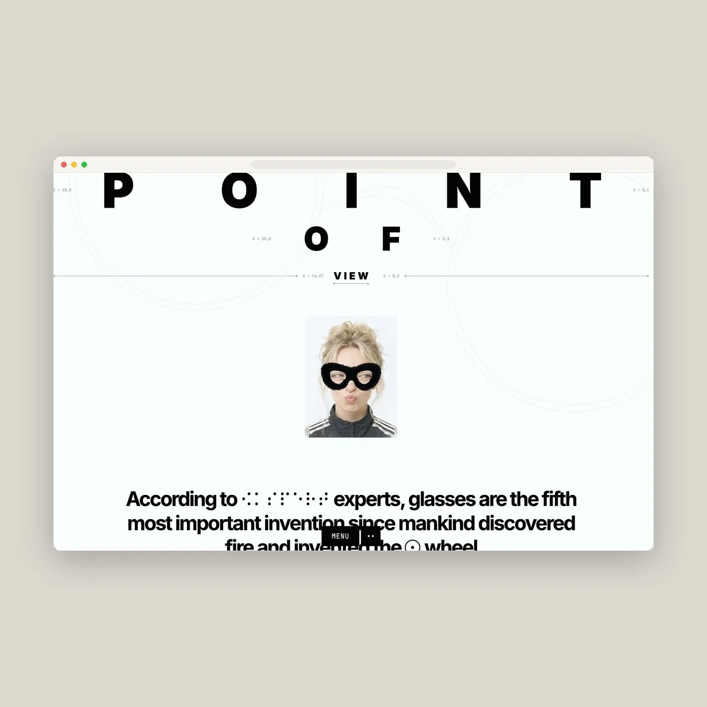 Point of View web design hero showcasing diopter scale typography and experimental eyewear inside browser frame