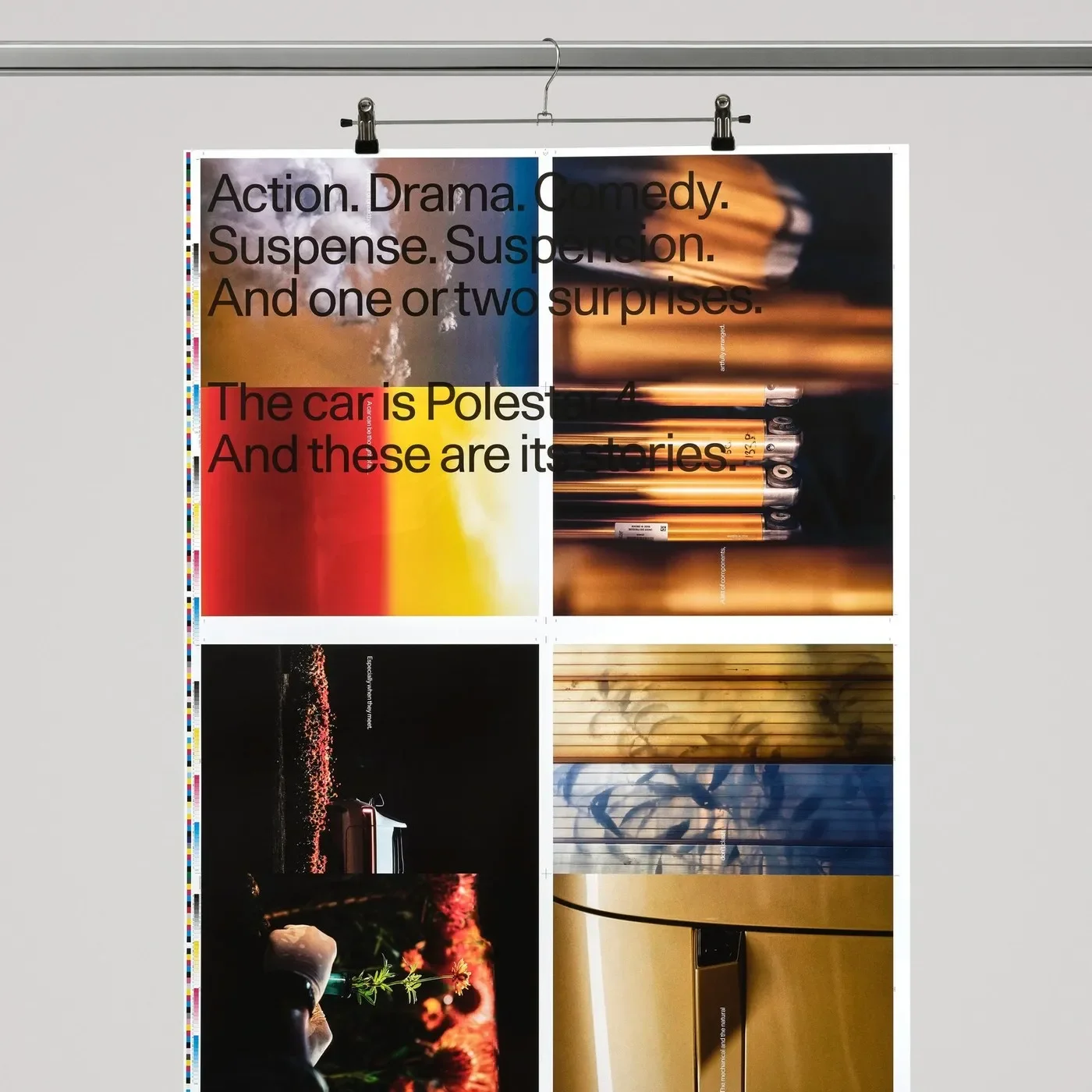 Polestar 4 poster design and typography overprint on press calibration make-ready sheets by Lundgren+Lindqvist