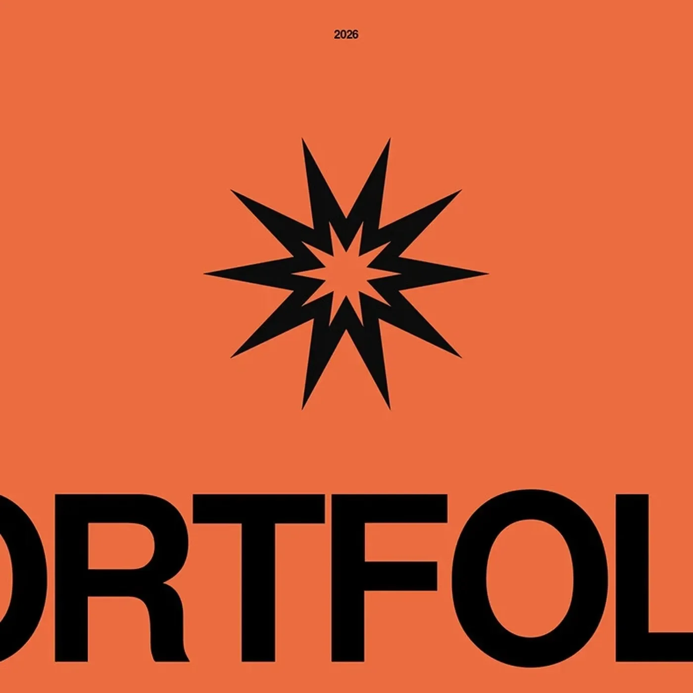 Emma Vallon freelance branding portfolio design 2026 cover: 'PORTFOLIO' in massive black extended grotesque fills the bottom of a burnt-orange field, with a 12-pointed black starburst centered above