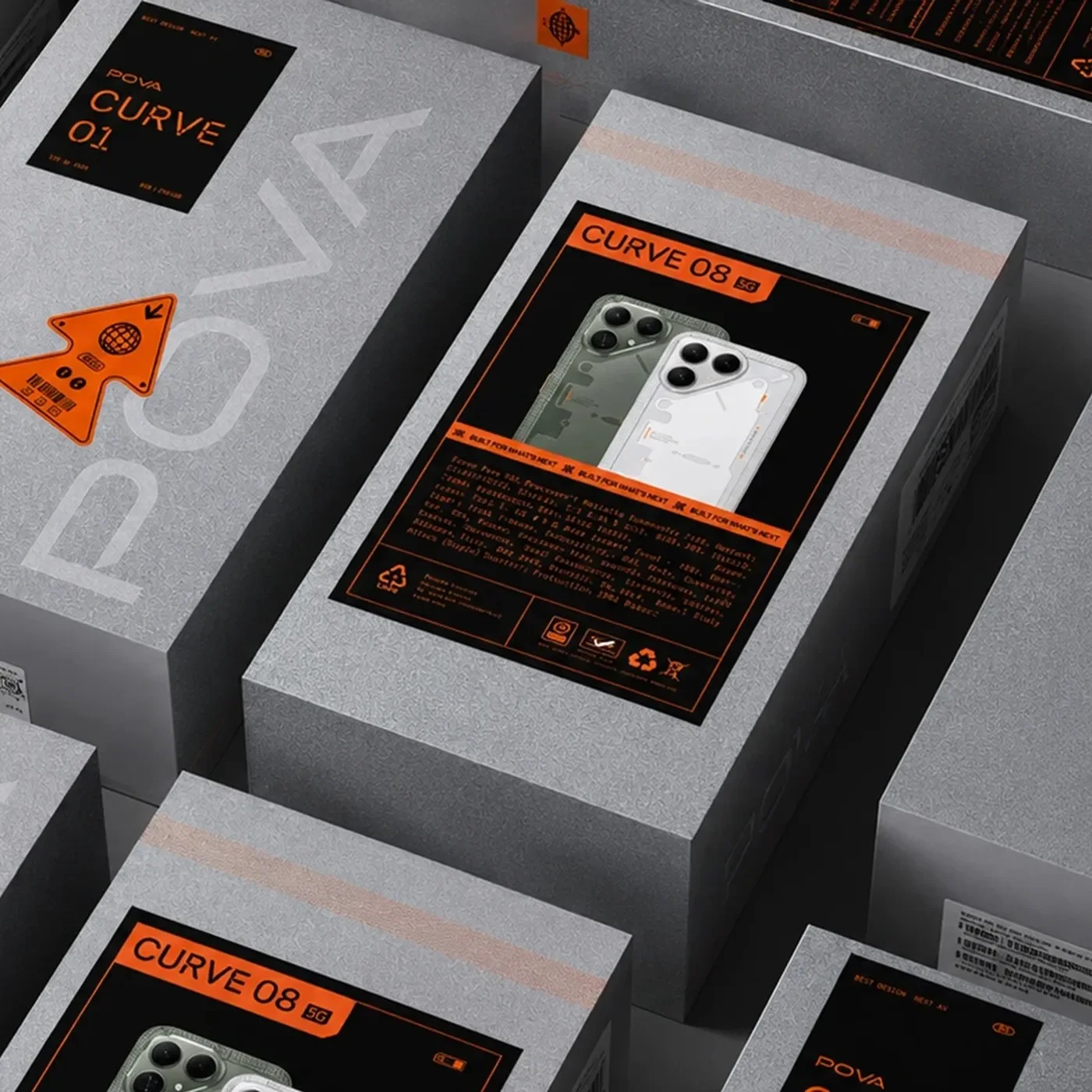POVA brand identity packaging boxes with blind debossed logos and modular orange hazard stickers