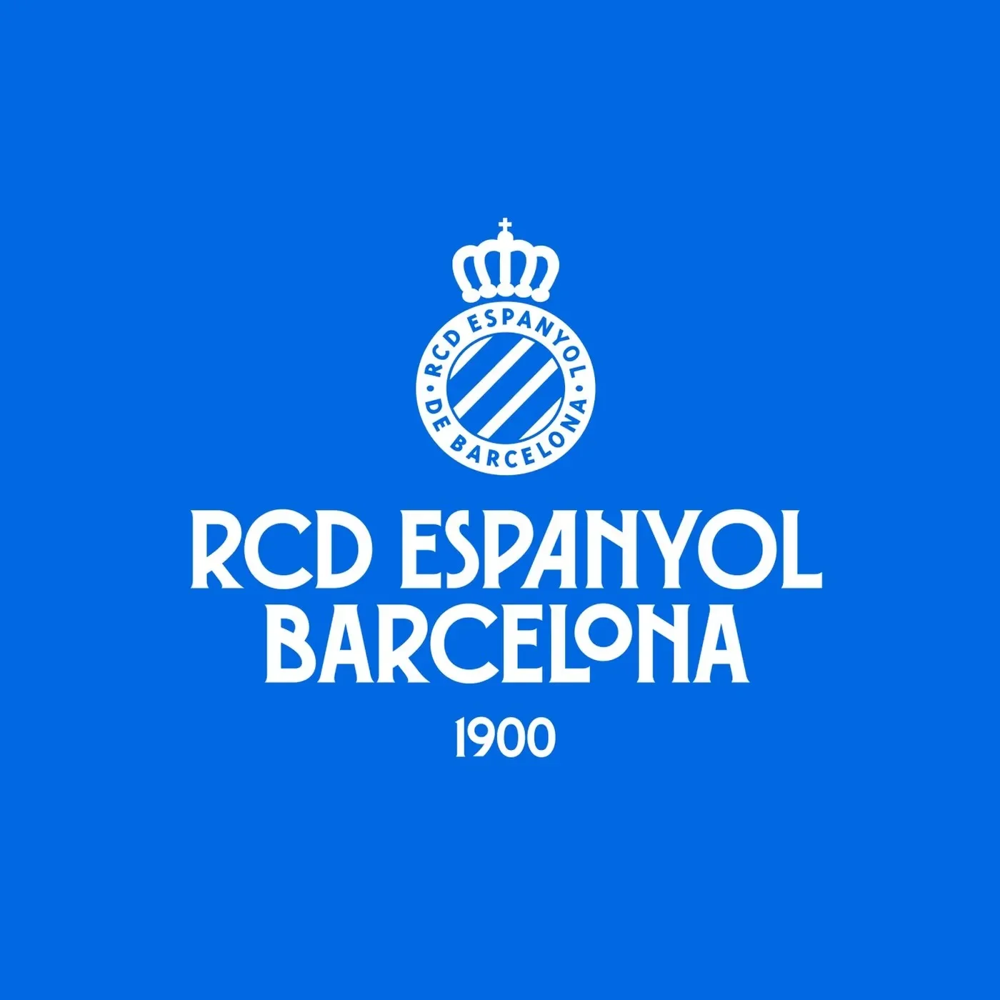 Centered RCD Espanyol de Barcelona club crest and custom Perico Type modernist wordmark brand identity on electric blue