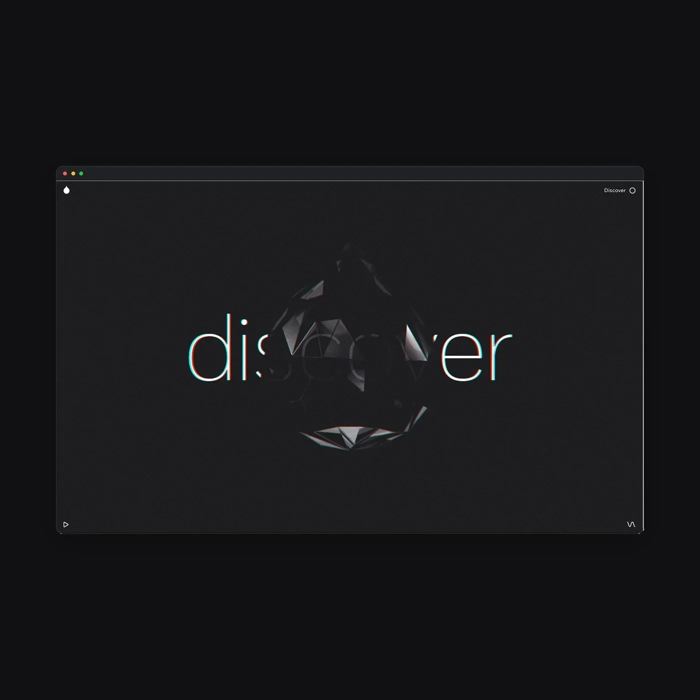 Design system overview and interactive viewport showing discover prompt with chromatic aberration and 3D crystal droplet symbol — web design by Marcus Brown for Resn
