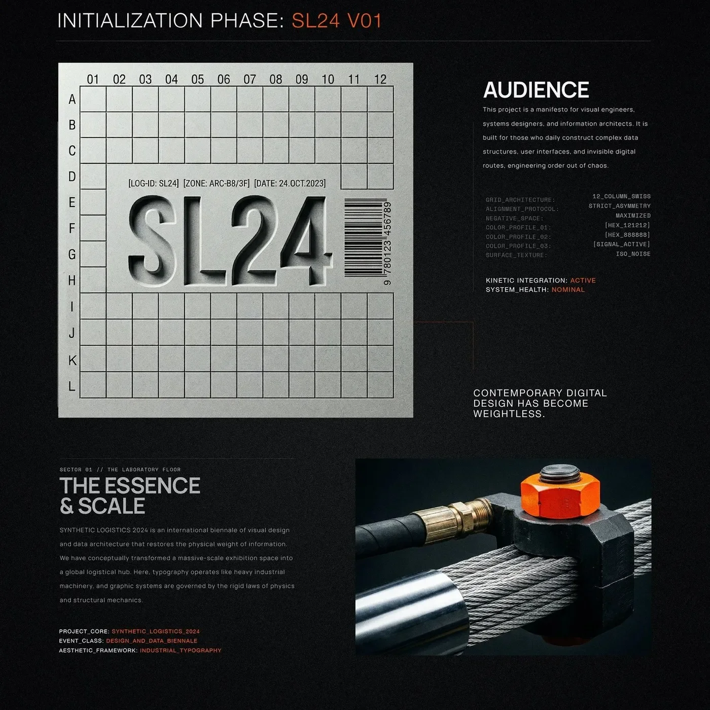 SL24 brutalist typography manifesto poster with Swiss grid and steel macro detail by Kseniya Artman