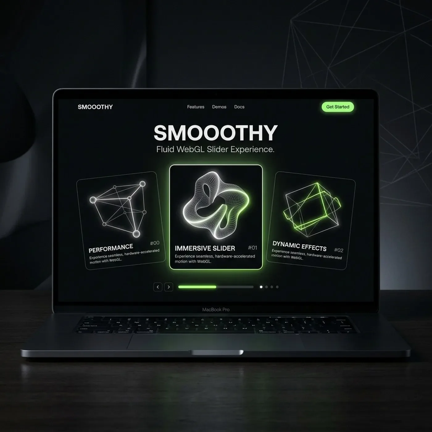Smooothy slider main WebGL interactive interface mockup in dark mode showing smooth 3D shape — graphic design by Federico Valla